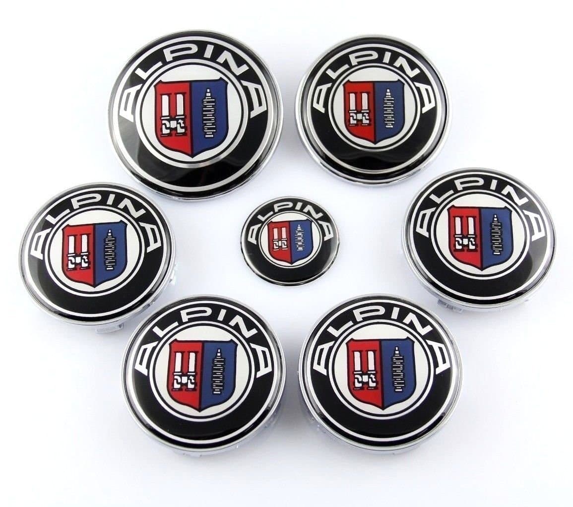 Set of 7 ALPINA alloy wheel centre caps , Bonnet, Boot and Steering Wheel Logo Badges Emblems