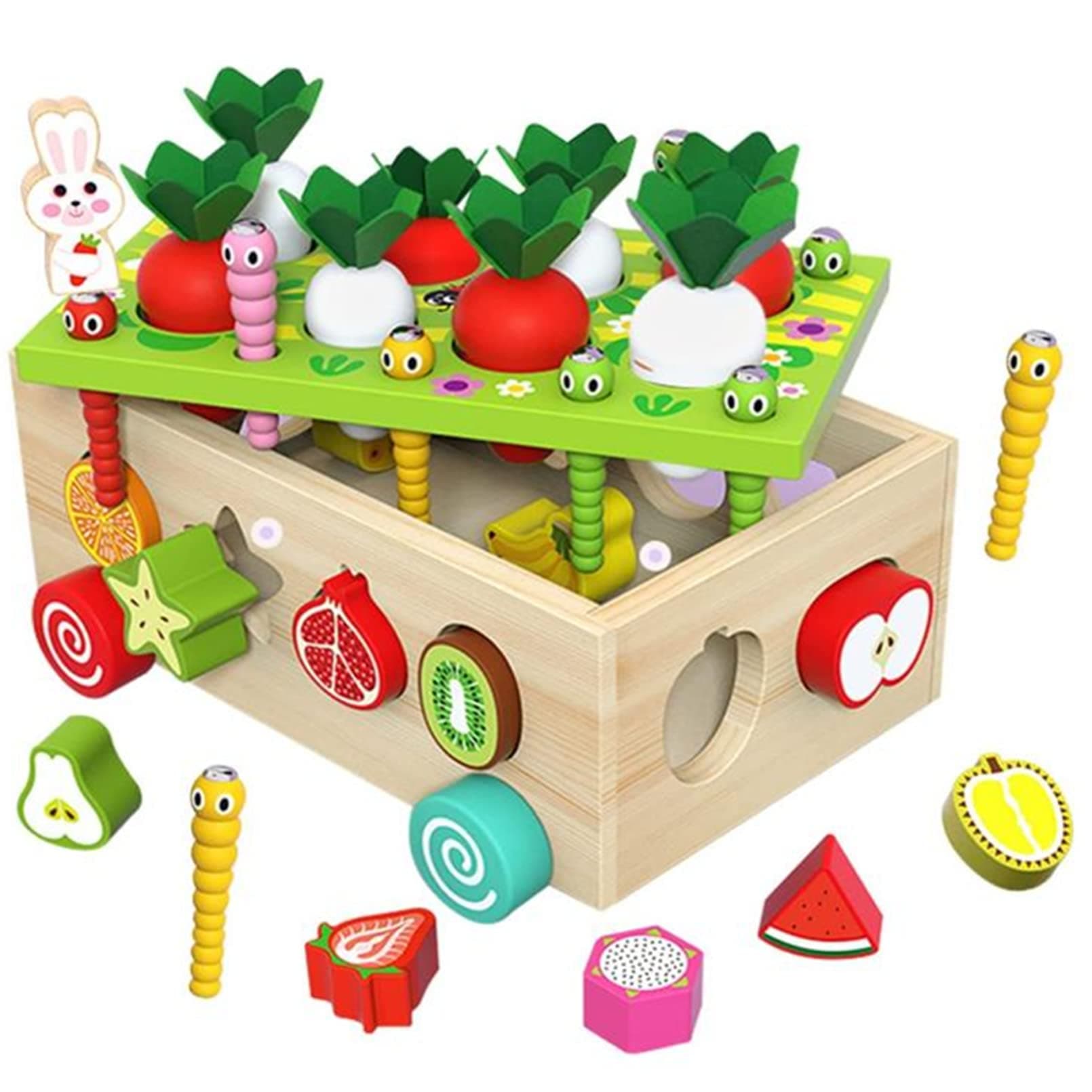 AM ANNA Toddlers Montessori Wooden Educational Toys, Shape Sorter Toys for Baby Boys Girls Age 2 3 4 Year Old,Shaped & Size Matching Game Fine Motor Skill Carrot Harvest Game