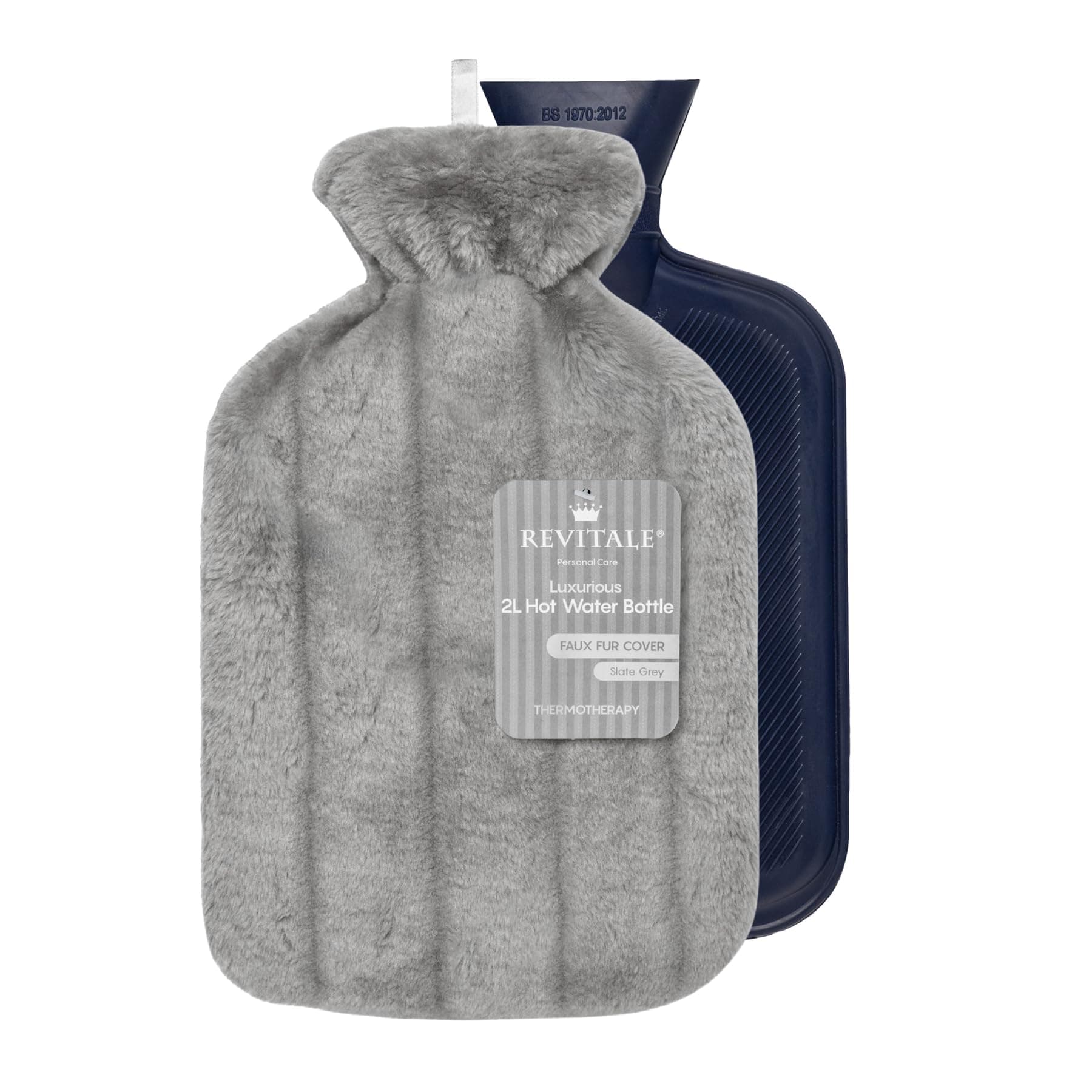 Revitale Luxury Cosy Hot Water Bottle 2 Litre, Soft Cover, Single Ribbed Natural Rubber 2025, British Standard BS1970:2012, Durable & Leak-Resistant (Slate Grey)