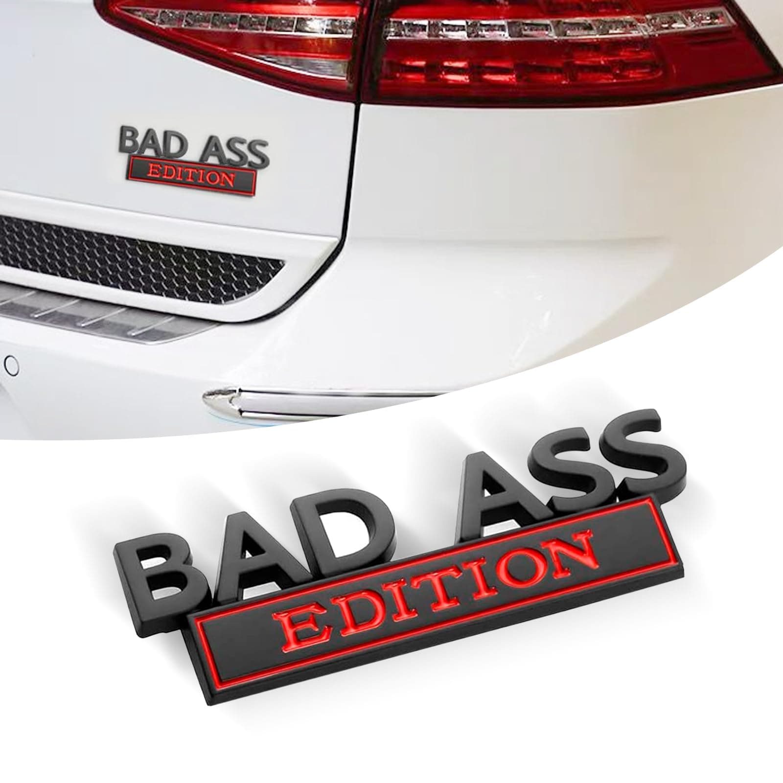 1 PC Car Fender Badge Decal, 3.93" x 1.33" Bad Ass Edition Zinc Alloy Three-Dimensional Tailgate Front Grille Hood Decal, Retrofit Decorative Replacement, for Most Car Models (Black & Red)