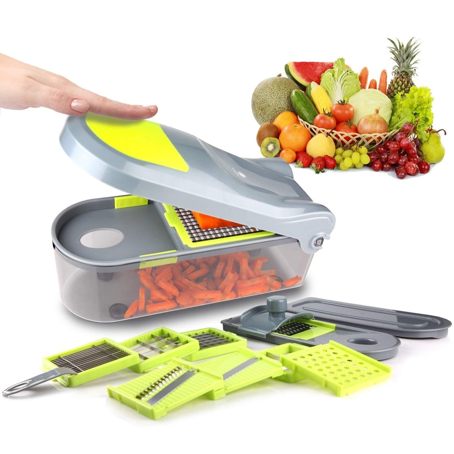 kilokelvin mandoline Food Chopper: Strongest &Biggest 1500ML Container Capacity 9 Dicing Blades & Lid Multi Kitchen Grater Mandoline slicer with 12sets Onion Chopper, Kitchen Vegetable Dicer, Fruit and Patato Cutter-gray