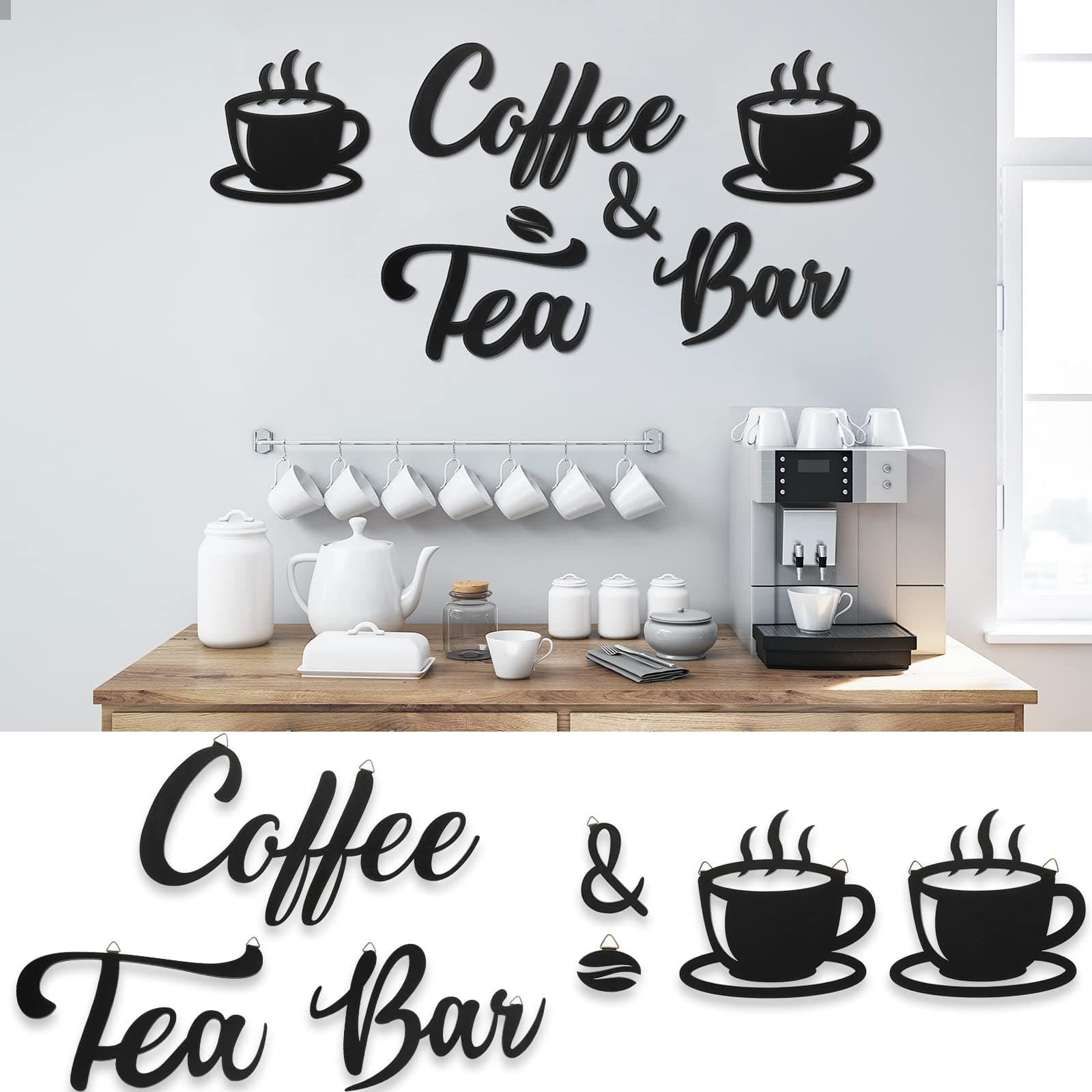 Queekay 7 Pieces Coffee Bar Sign Rustic Wall Decor Art Wooden Sign with Coffee Beans and Cups Decor for Bar Counter Home Office Kitchen