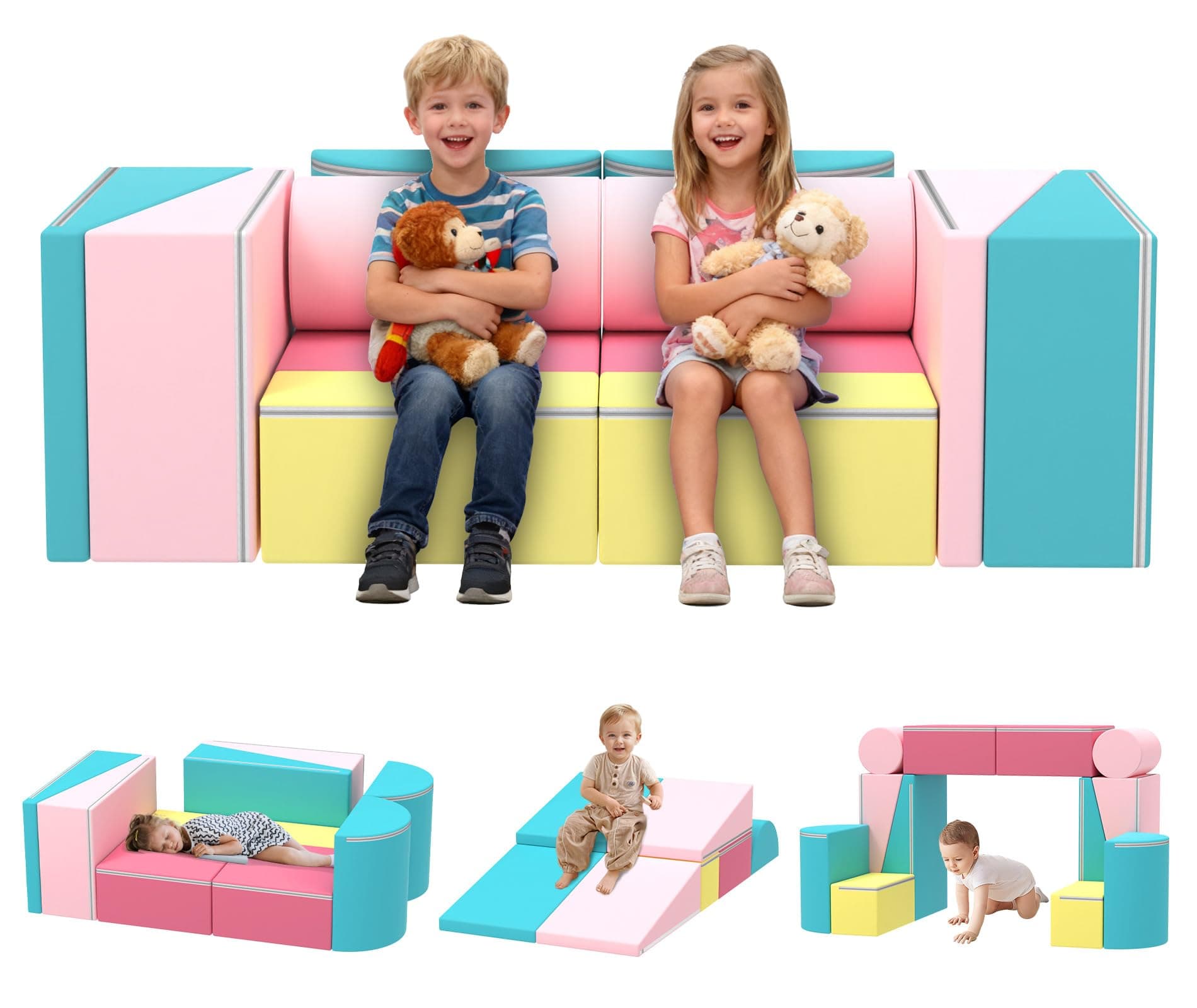 BIERUM Kids Couch, 12PCS Modular Kids Play Sofa with Blanket, Color-Blocking Toddler Couch for Playroom, Convertible Kids Foam Climbing Play Set, Imaginative Creative Play Sofa for Boys & Girls