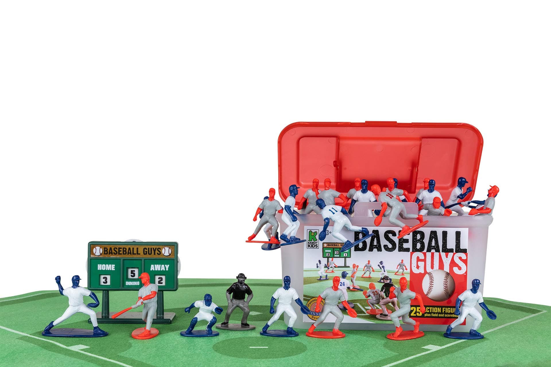 Kaskey Kids Baseball Guys, Red Gray vs. Blue White, 29 Pieces in Each Set, Includes 2 Teams, Accessories, and Travel Storage Case, Nostalgic Sports Action Figures for Imaginative Play, Ages 3 and Up