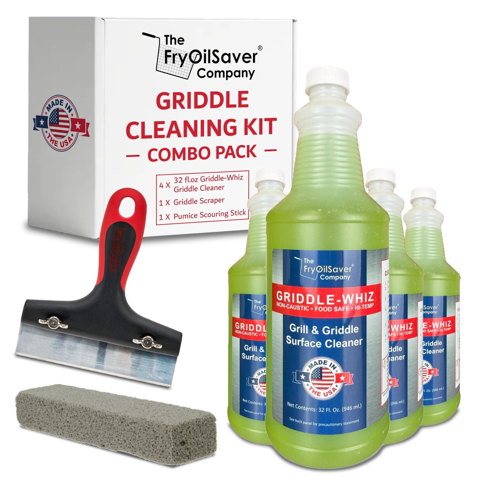 Griddle-Whiz Flat Top Grill Cleaning Kit - 4-Pack Griddle Cleaner w/ Scraper Tool & Pumice Stone for Tough Grease, Food Residue & Buildup on Griddles & Flat Top Grills - by FryOilSaver (32oz Bottles)