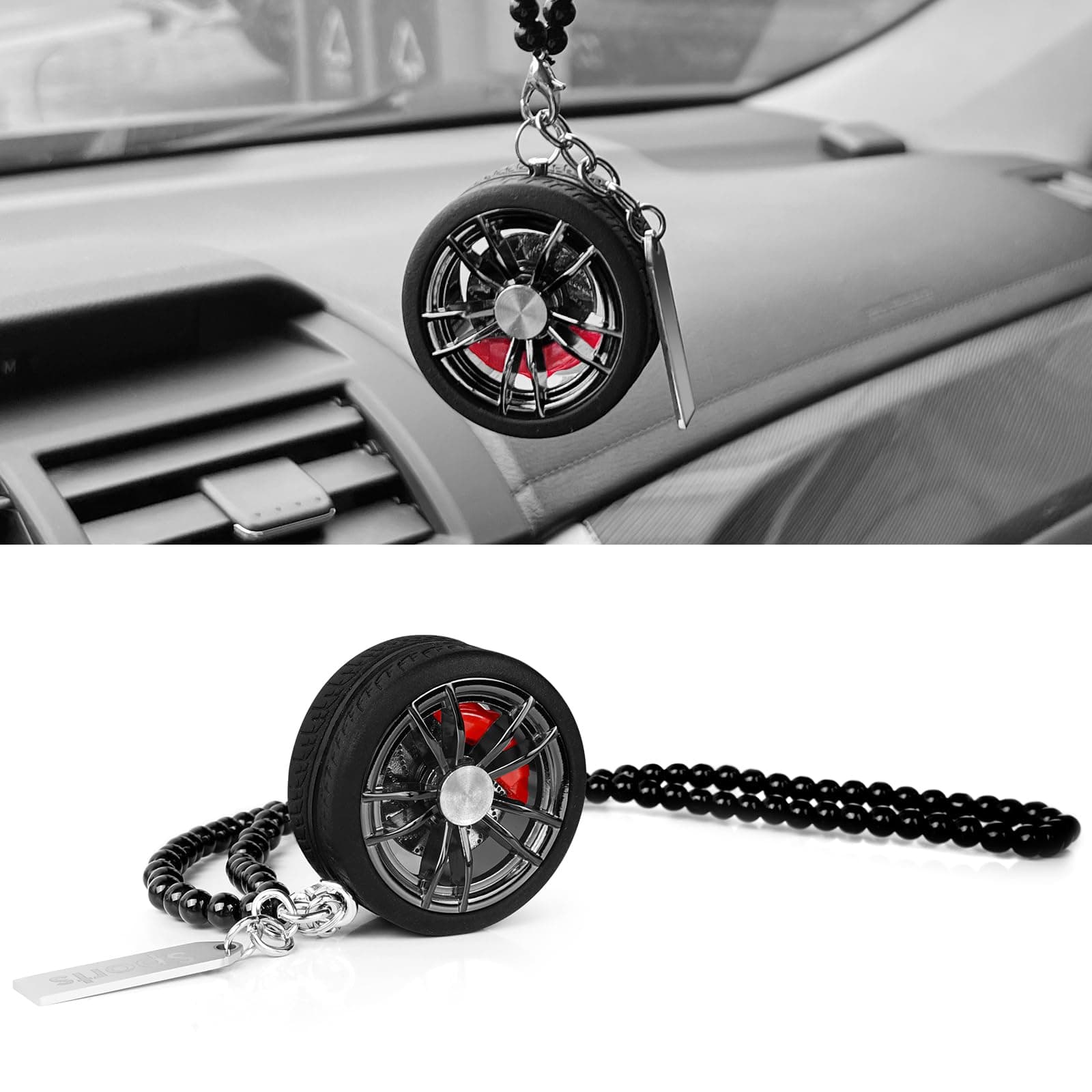 Car Wheel Hub Shape Ornament Rearview Mirror Hanging Pendant Decor Automotive Rear View Swinging Decoration Interior Unique Ornaments Zinc Alloy Charms Accessories Gift for Owners (Gunmetal)