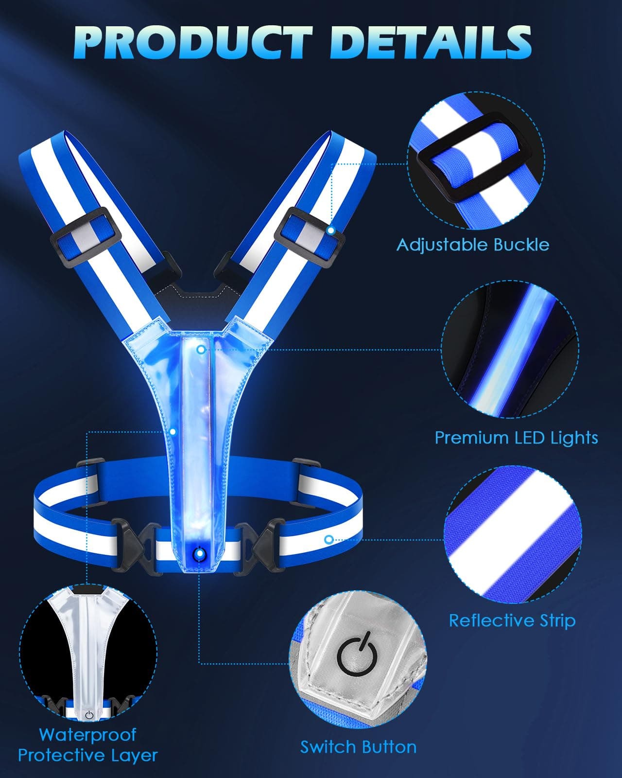 Zacro LED Reflective Vest Gear - Running Vest with 5 Light Colors, 3 Light Modes, USB Rechargeable, Adjustable Waist & Shoulder - High Visibility Light Up Reflective Gear for Night Walking, Cycling