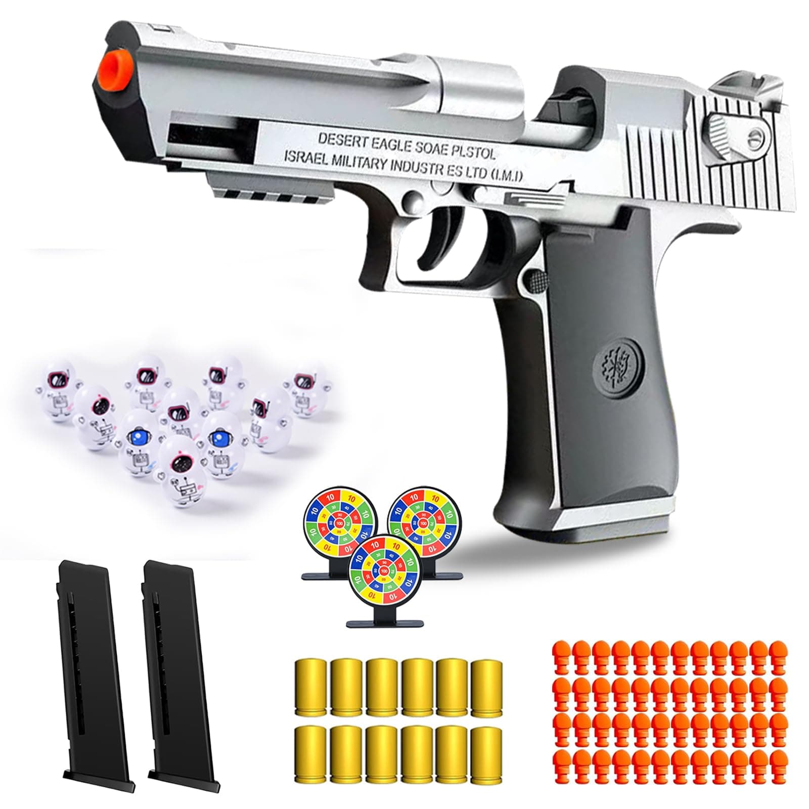 Soft Bullet Gun Toy, Blasters, Shockwave, Automatic Pull Back Action Semi-Automatic Handgun with Shell Ejection and Auto Rebound, Suitable for 3 4 5 6 7 8 Years Old boys And Girls Toys (Silver)