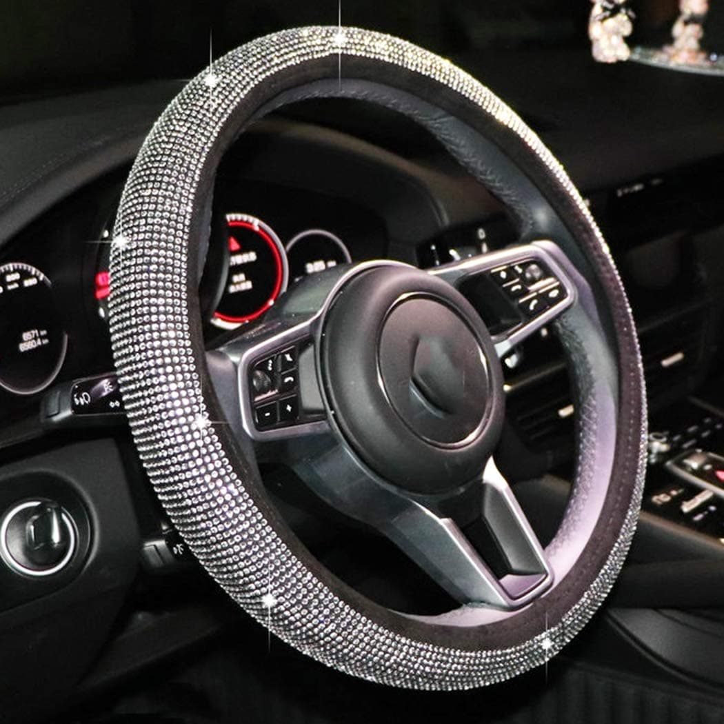 Plush Steering Wheel Cover with Bling Bling Rhinestone Universal Fit 15 Inch for Girls Lady