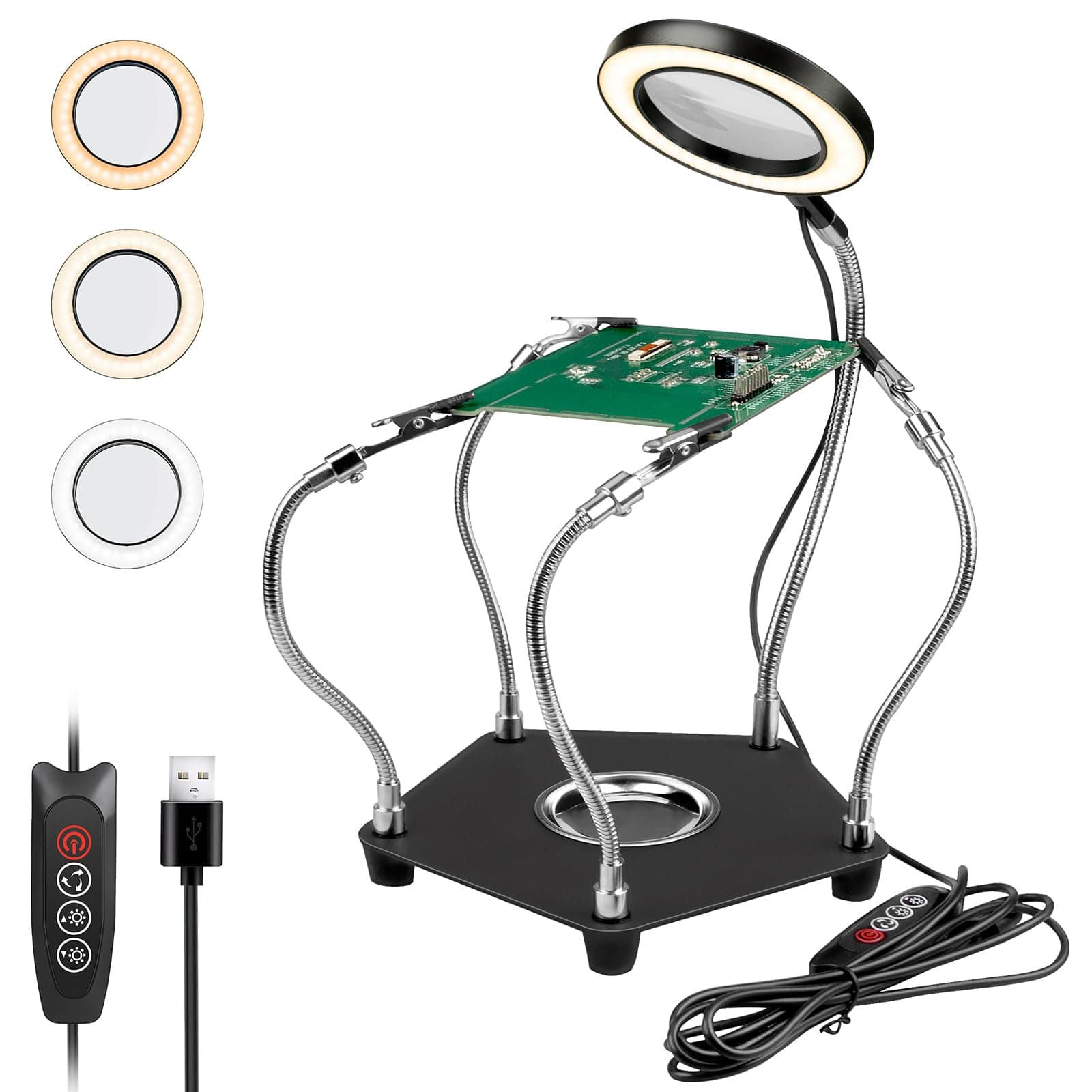 Lytool Helping Hands Soldering Station, Third Hand Tool with 3X Magnifying Glass Dimmable LED, Flexible Helping Hands Soldering with 4 Flexible Arms for Welding Repair Hobby DIY