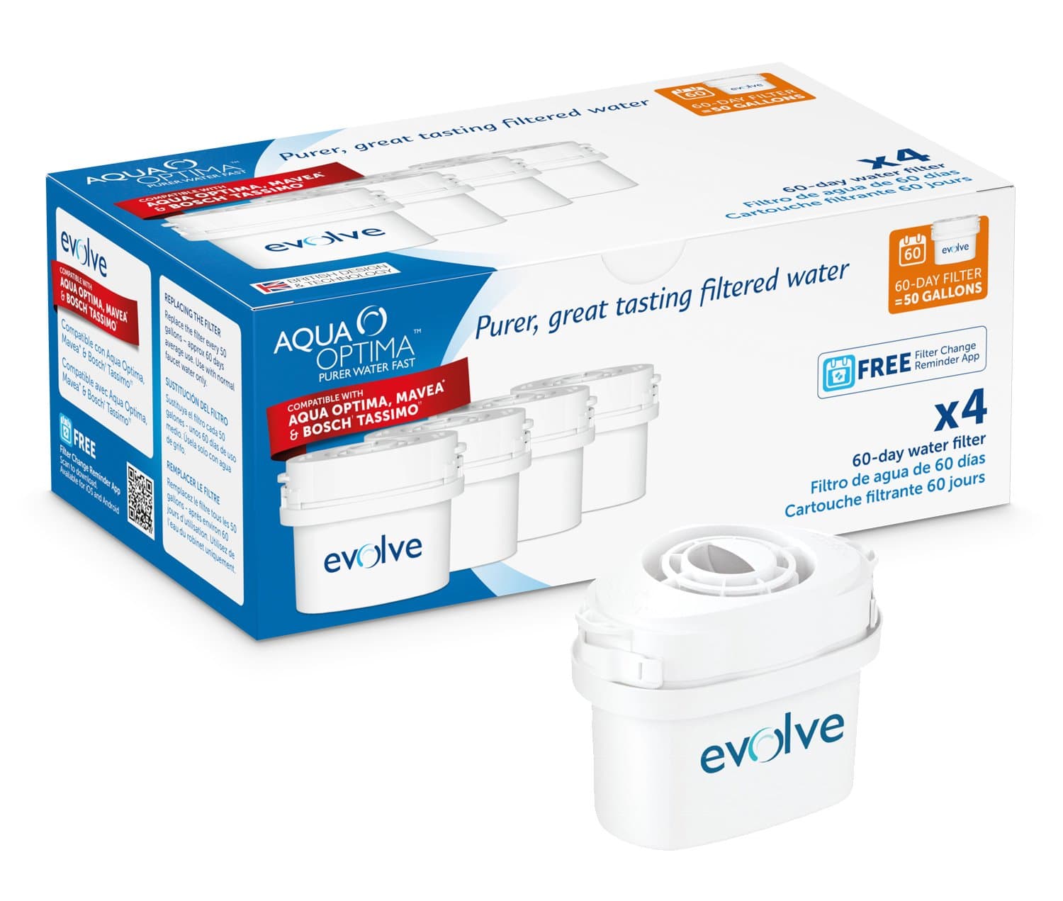 Aqua Optima Evolve 60 Day Water Filter 4 pack = 8 months' supply. Also fits Mavea.