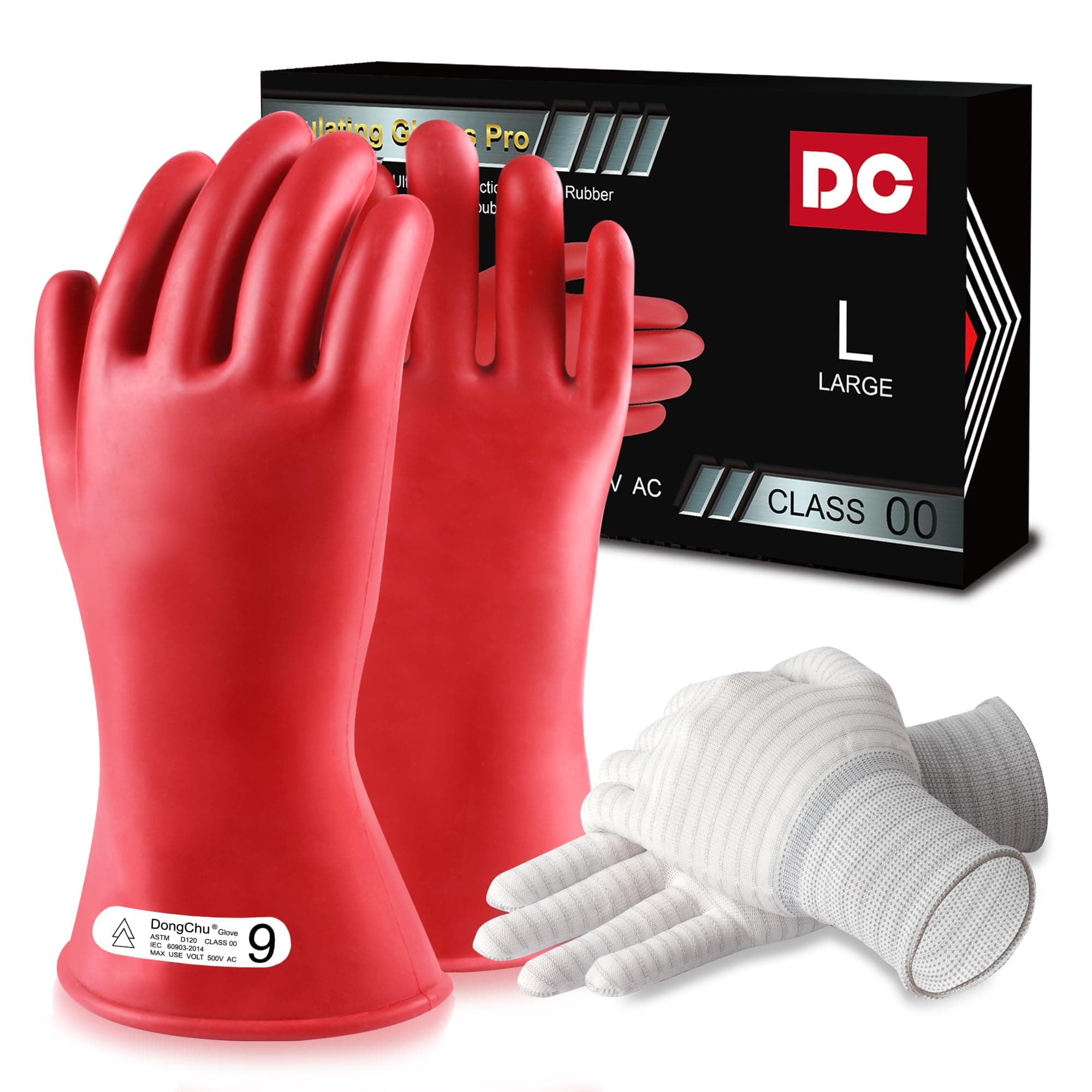 Natural Rubber Gloves - Class 00 Low Voltage Electrical Insulating Linesmen's Gloves with Double-Layer Design, Cotton Anti-Static Knitted Lining, Size 9, Red