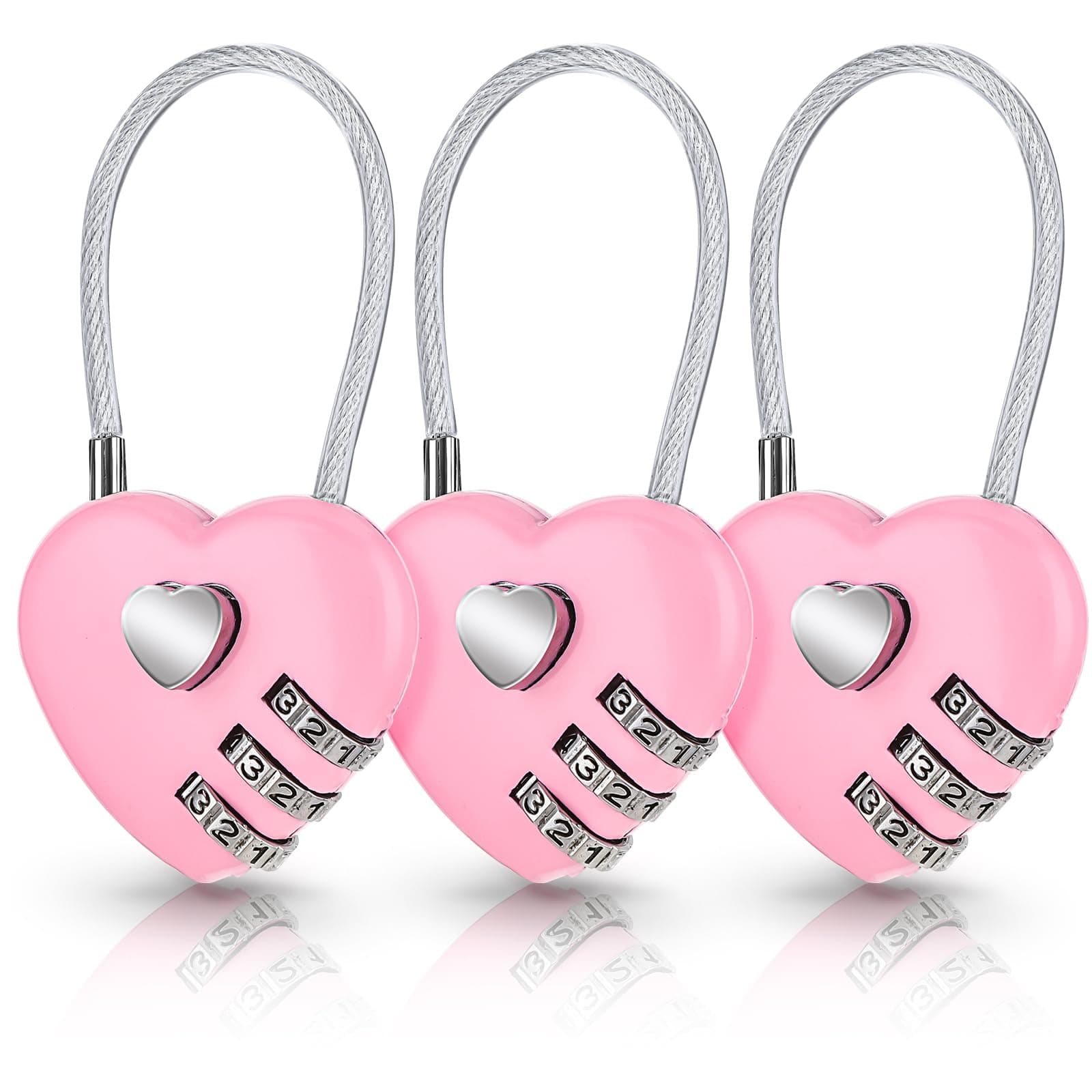 Andibro 3 Pcs Love Heart Combination Locks, Portable Mini Code Lock Steel Wire Rope 3 Digit Combination Padlock Outdoor Waterproof Couple Padlock for Travel Bags Suitcase Lockers Backpacks