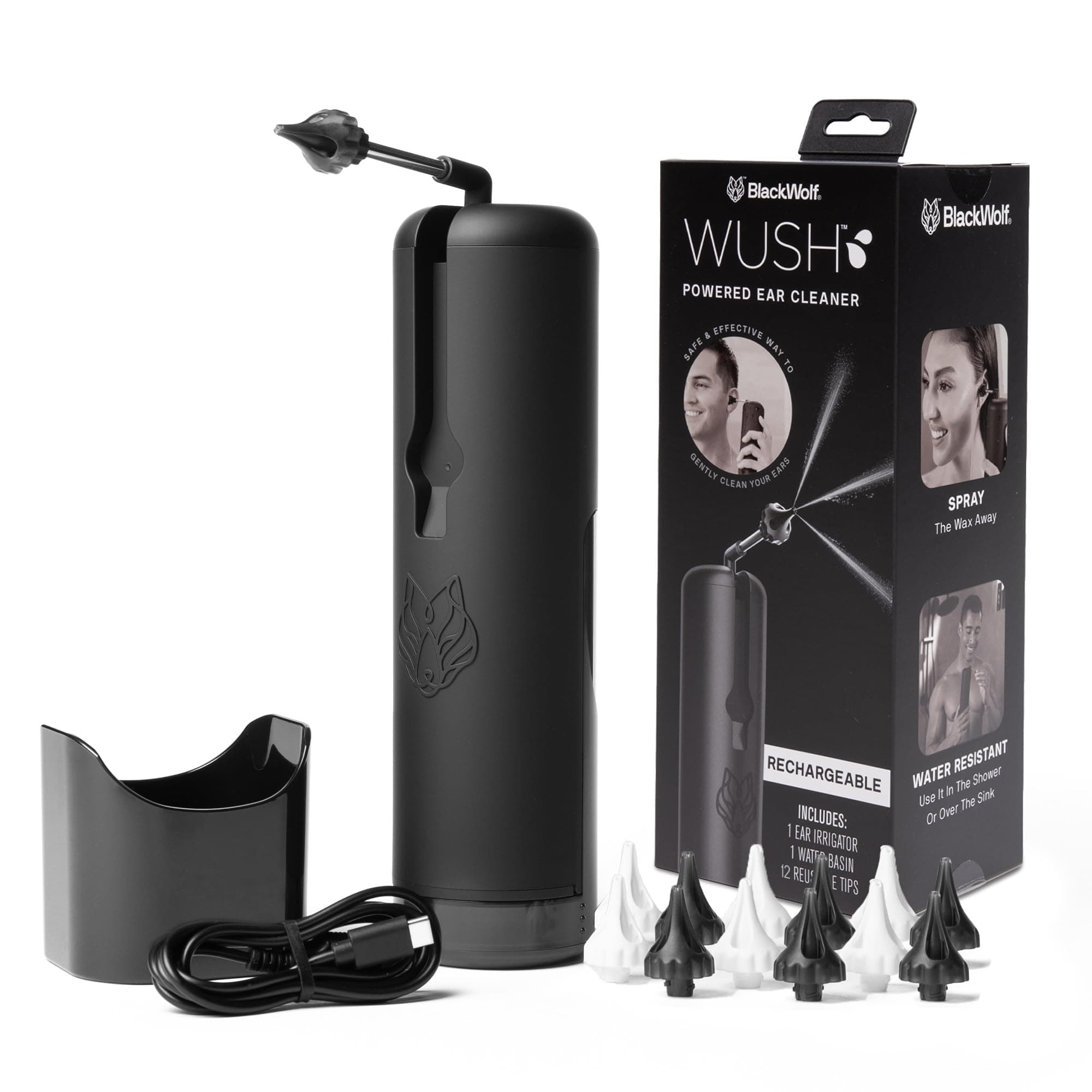 Wush Pro Water Powered Ear Cleaner with 12 Reusable Replacement Tips by Black Wolf - Safe & Effective - Electric Triple Jet Stream with 3 Pressure Settings for Ear Wax Buildup - Ear Wax Removal Kit