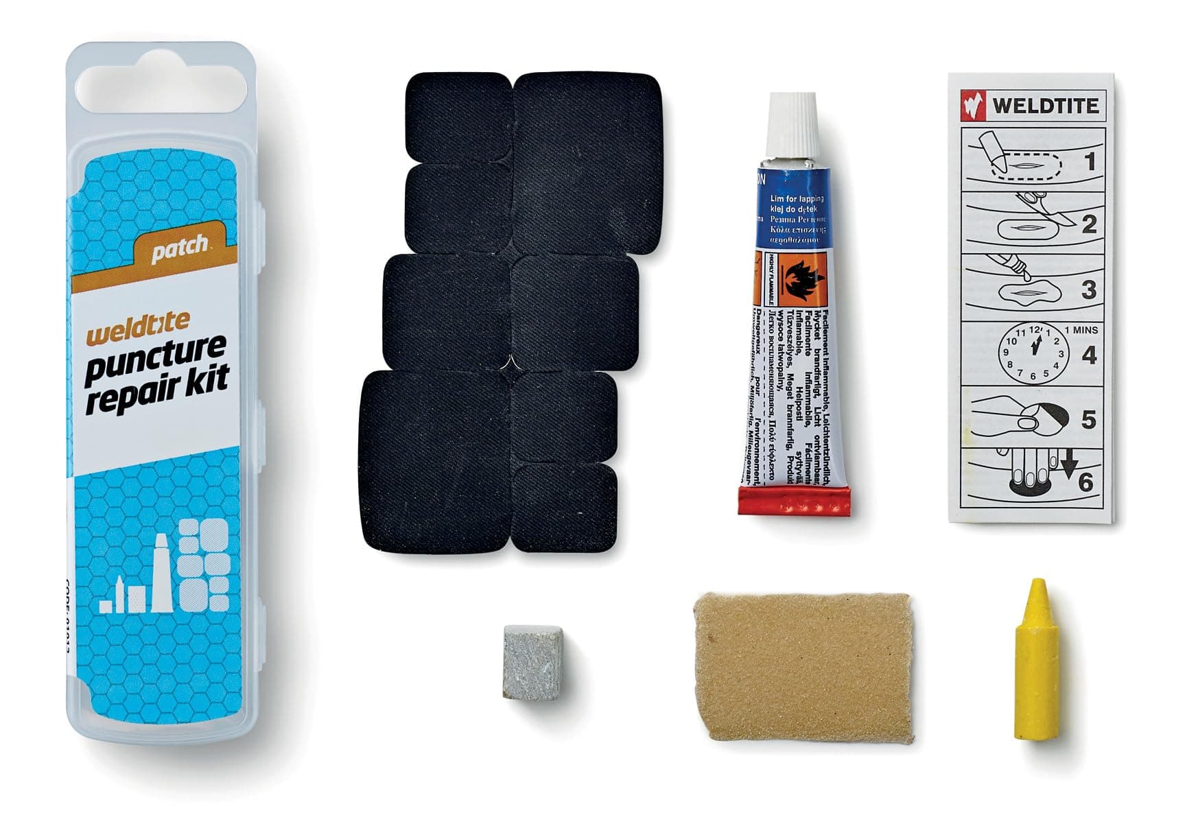 Puncture Repair Kit for Bike Tyre Inner Tubes - Comprehensive & Easy to Use - Includes 8 Rubber Patches, 5 g Solution, Sandpaper, Chalk & Crayon