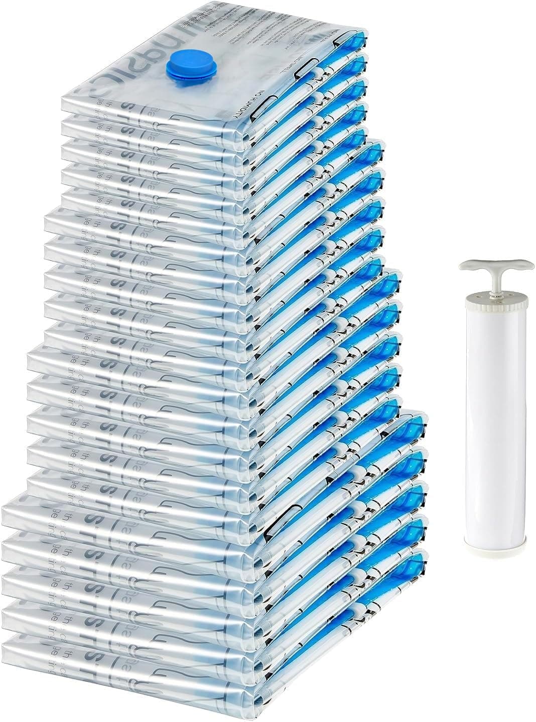 - Amazon Basics Vacuum Storage Bags with Hand Pump for Travel, Space Saving Compression Bags for Clothes, Clothing, Blankets and Duvets, Clear, 20 Pack (5 Small, 5 Medium, 5 Large & 5 Jumbo)