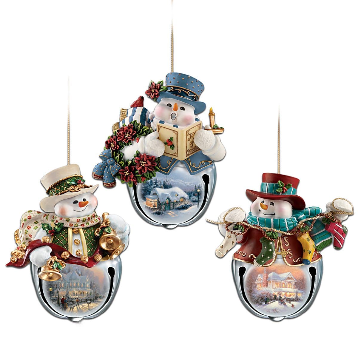 Thomas Kinkade Snow-Bell Holidays Snowman Ornaments: Set of Three
