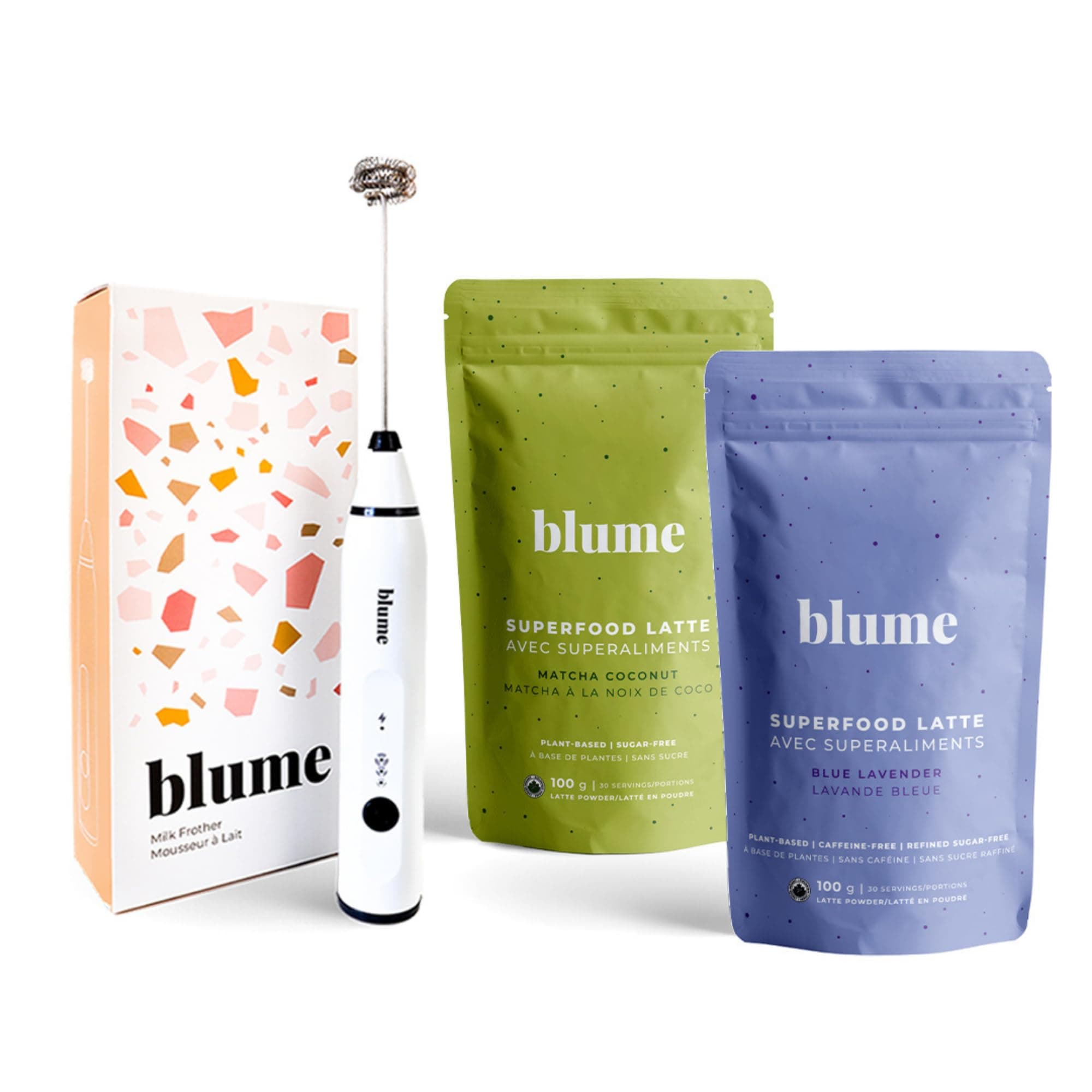 Blume Matcha & Blue Lavender Starter Pack - Organic Superfoods Booster for lattes, coffee & smoothies -Canadian Brand, Vegan, Sugar and Gluten Free - Includes Frother - 60 Servings