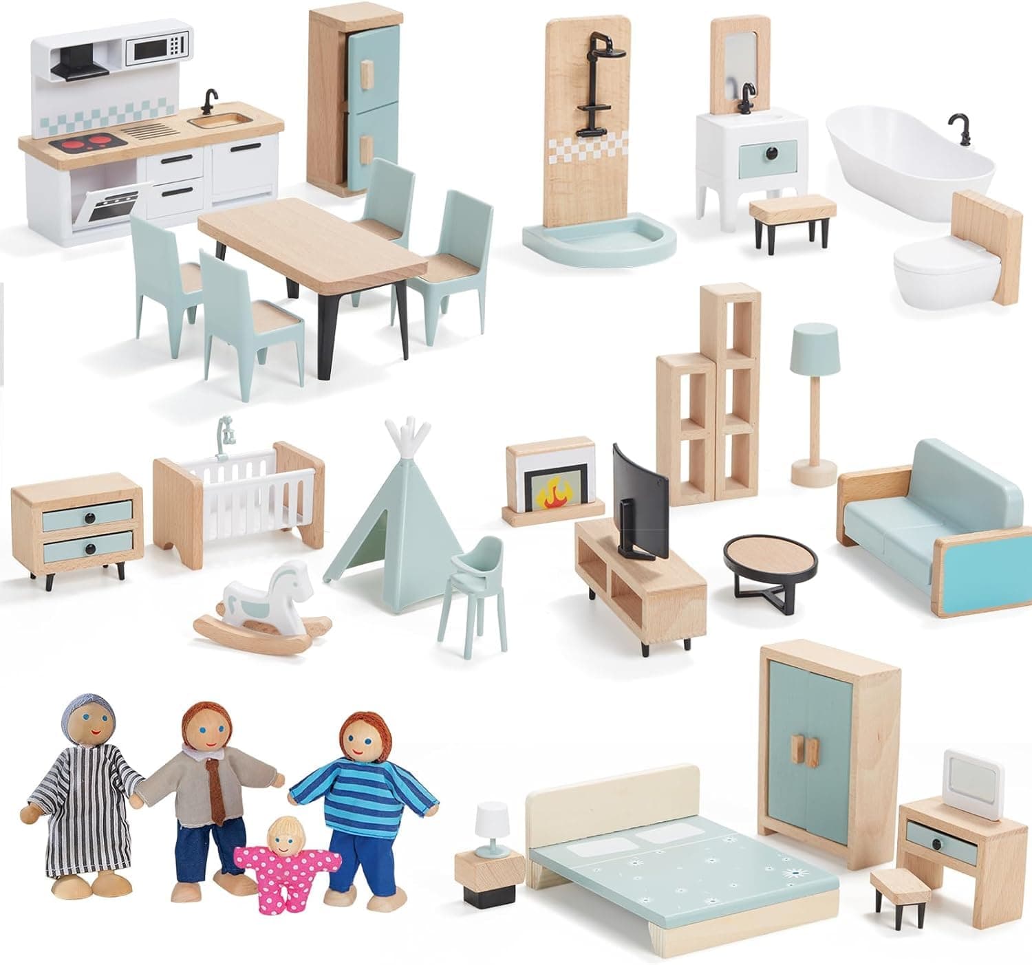 Wooden Dollhouse Furniture Set, 36pcs Furnitures with 4 Family Dolls, Dollhouse Accessories Pretend Play Furniture Toys for Boys Girls & Toddlers 3Y+