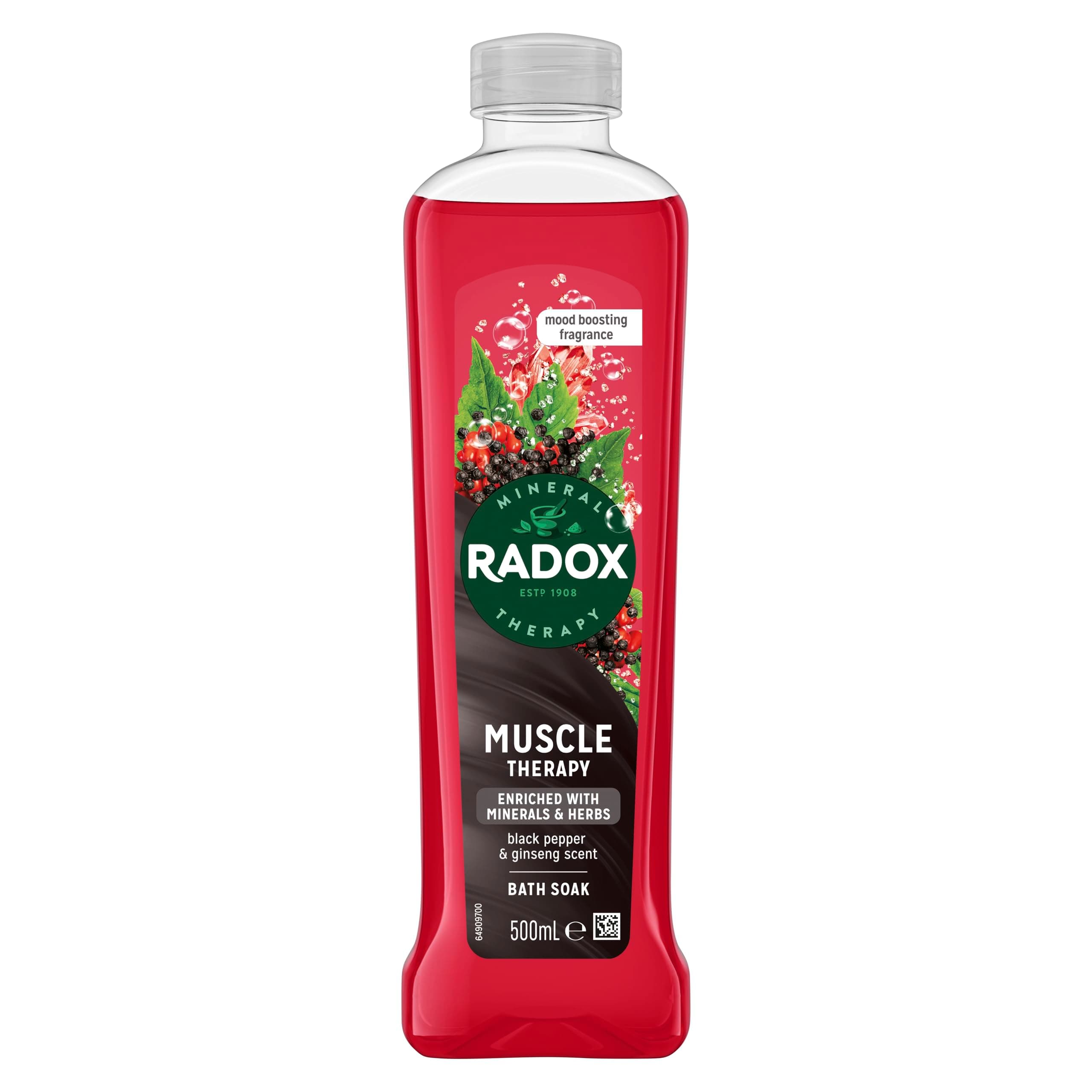 Radox Mineral Therapy Muscle Therapy Bath Soak uniquely blended with minerals, herbs, black pepper & ginseng for a rejuvenating bubble bath 500 ml