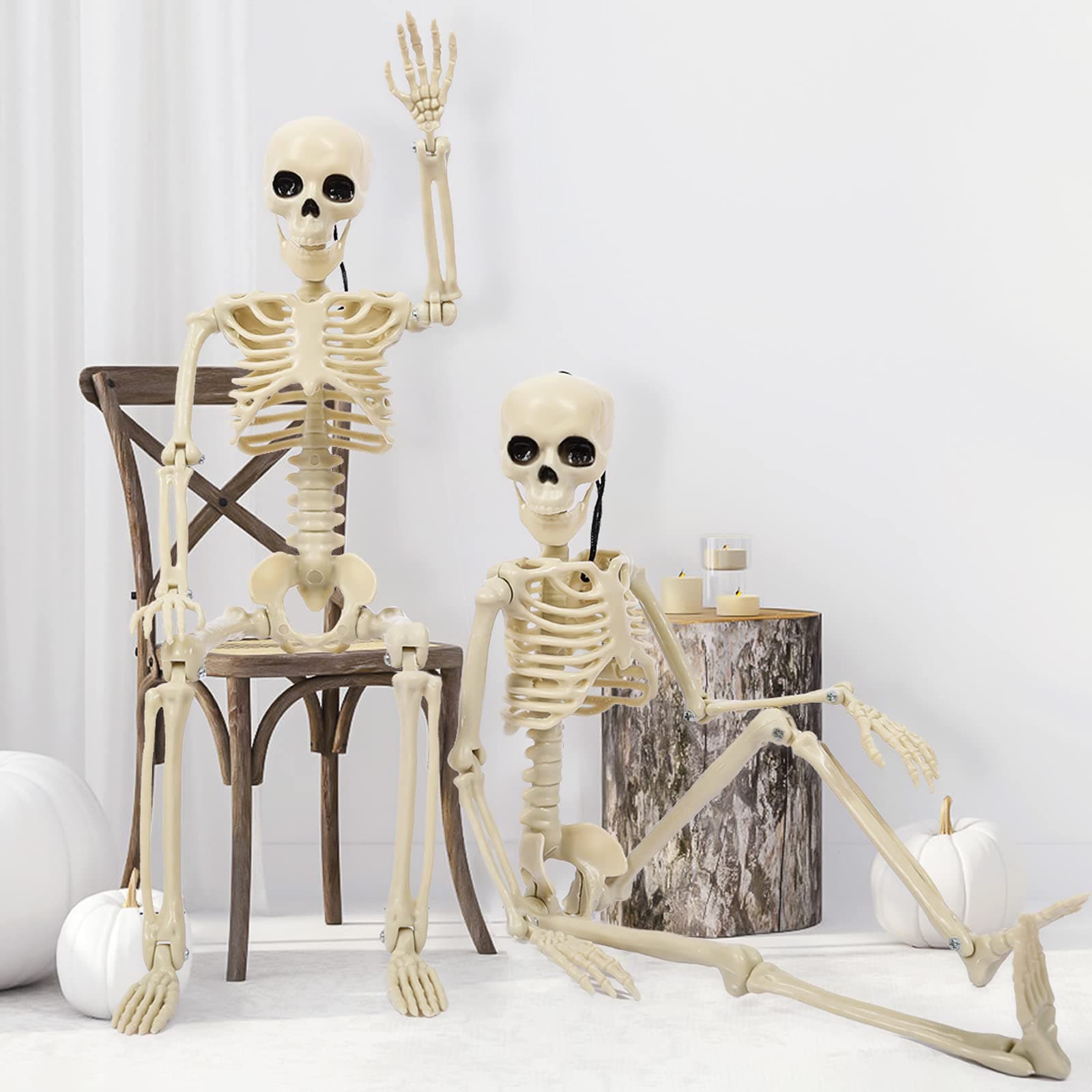 Tiokkss 2 Packs 16" Posable Halloween Skeleton, Full Body Tiny Skeletons for Halloween Decorations, Graveyard Decor, House Haunted