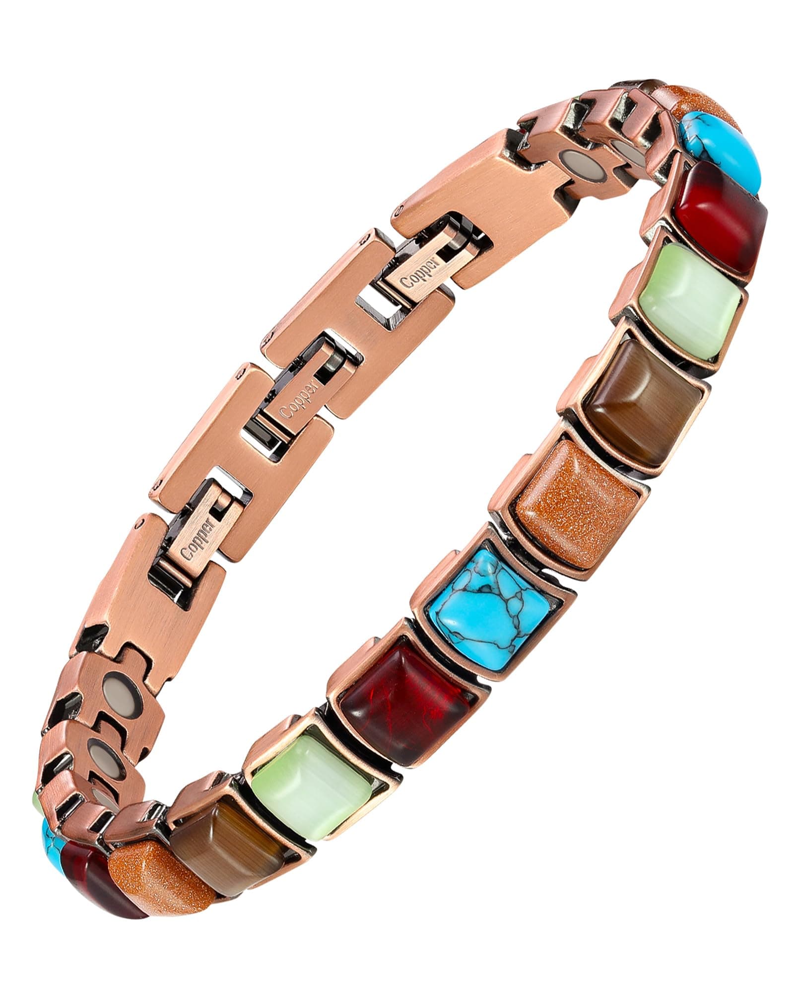 Feraco Pure Copper Bracelets for Women, Ultra Strength Magnetic Bracelet with 3800 Gauss Magnets & Natural Turquoise & Stones, Adjustable, Jewelry Gift