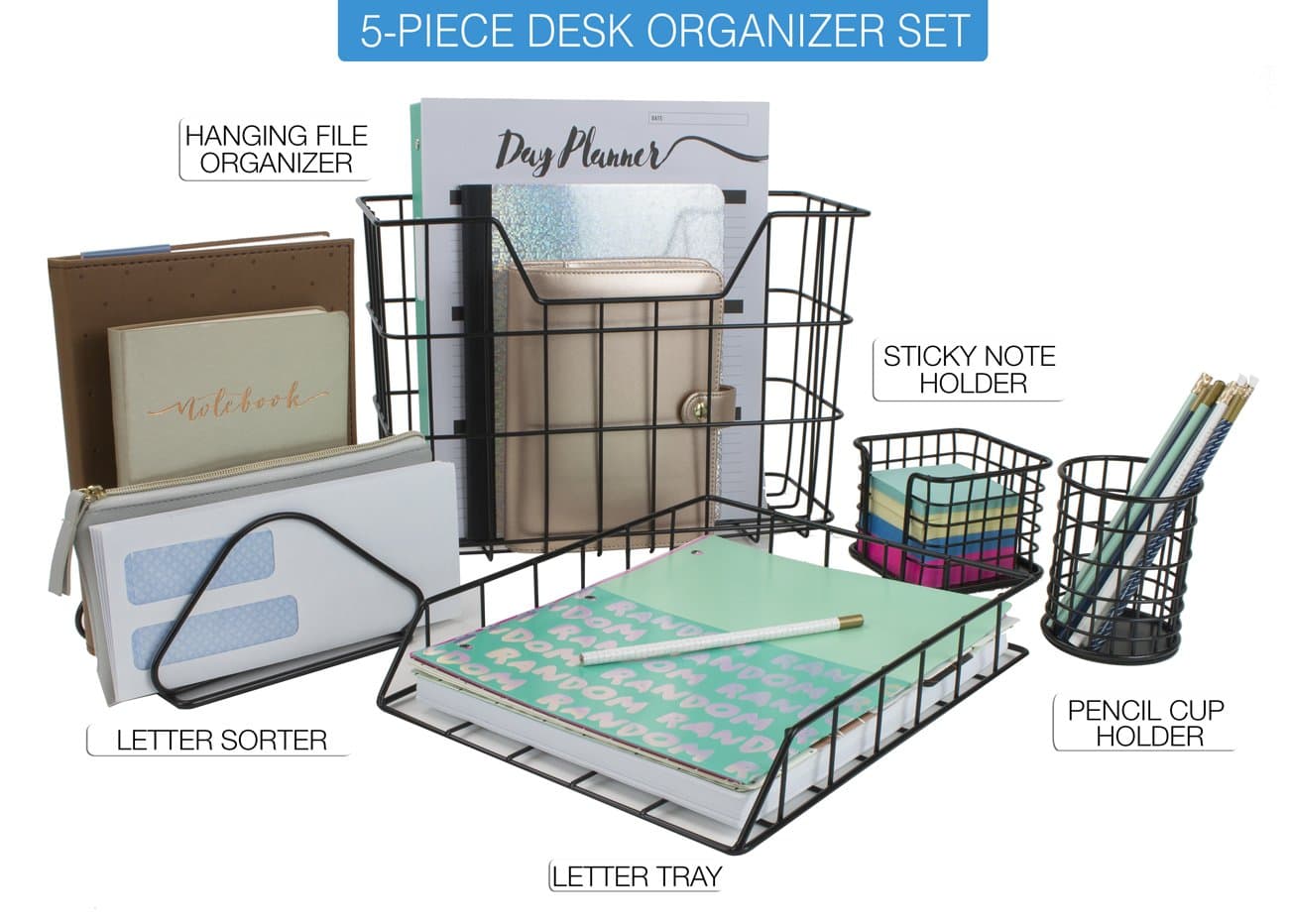 Sorbus Desk Organizer Set, 5-Piece Desk Accessories Set Includes Pencil Cup Holder, Letter Sorter, Letter Tray, Hanging File Organizer, and Sticky Note holder for Home or Office (Black)