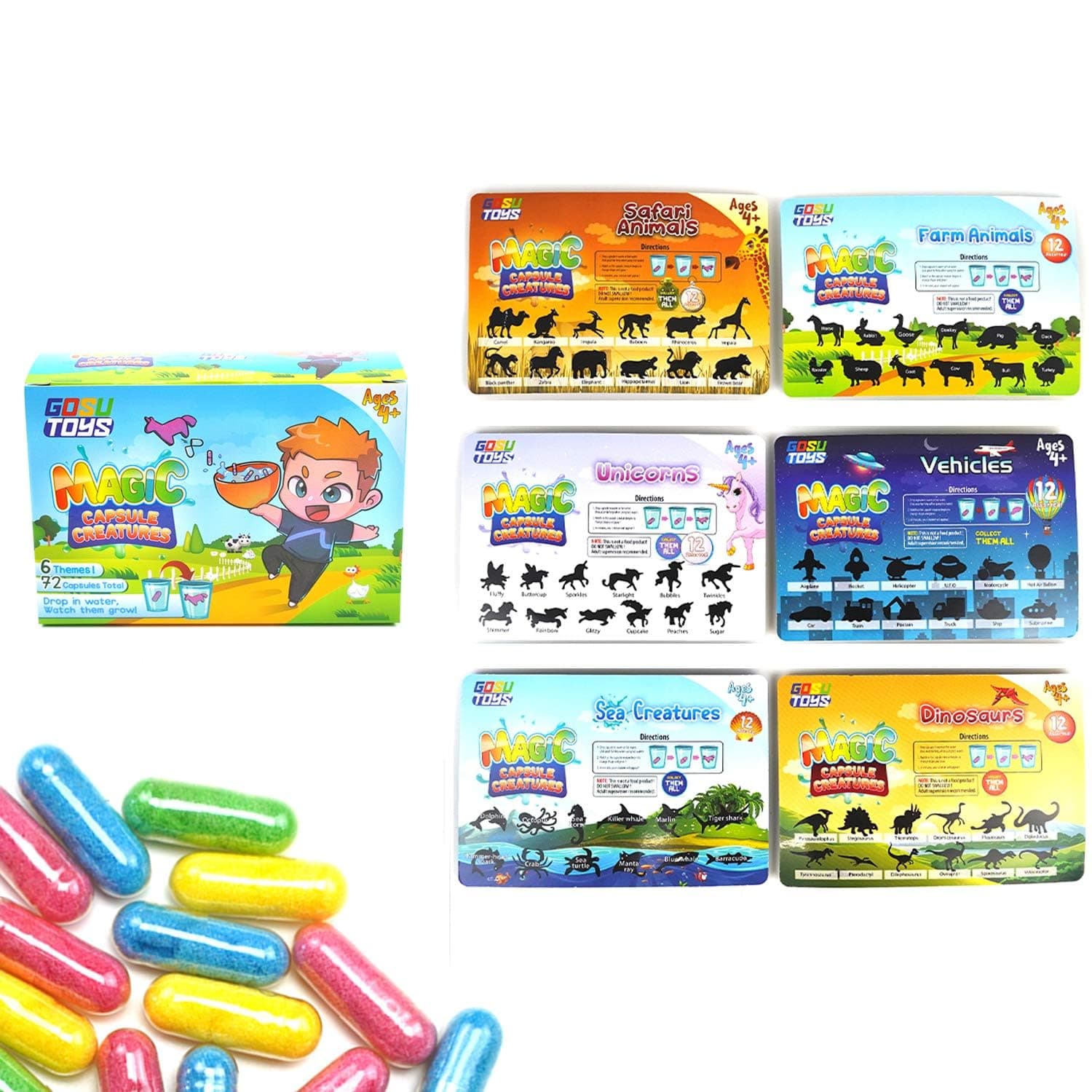 GosuToys Magic Capsule Creatures - 6 Theme Packs with 12 Capsules Each - Farm, Sea, Unicorns, Dinosaurs, Safari, Vehicles - Place in Water and Watch Them Grow (6 Pack (1 of Each Theme))