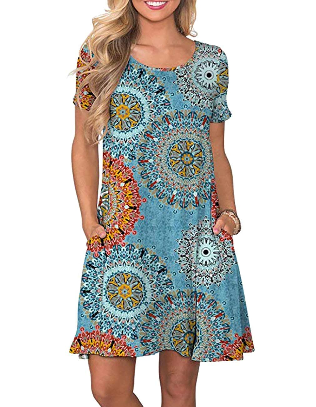 Women's Summer Short Sleeve Damask Floral Printed Swing Tunic Dress