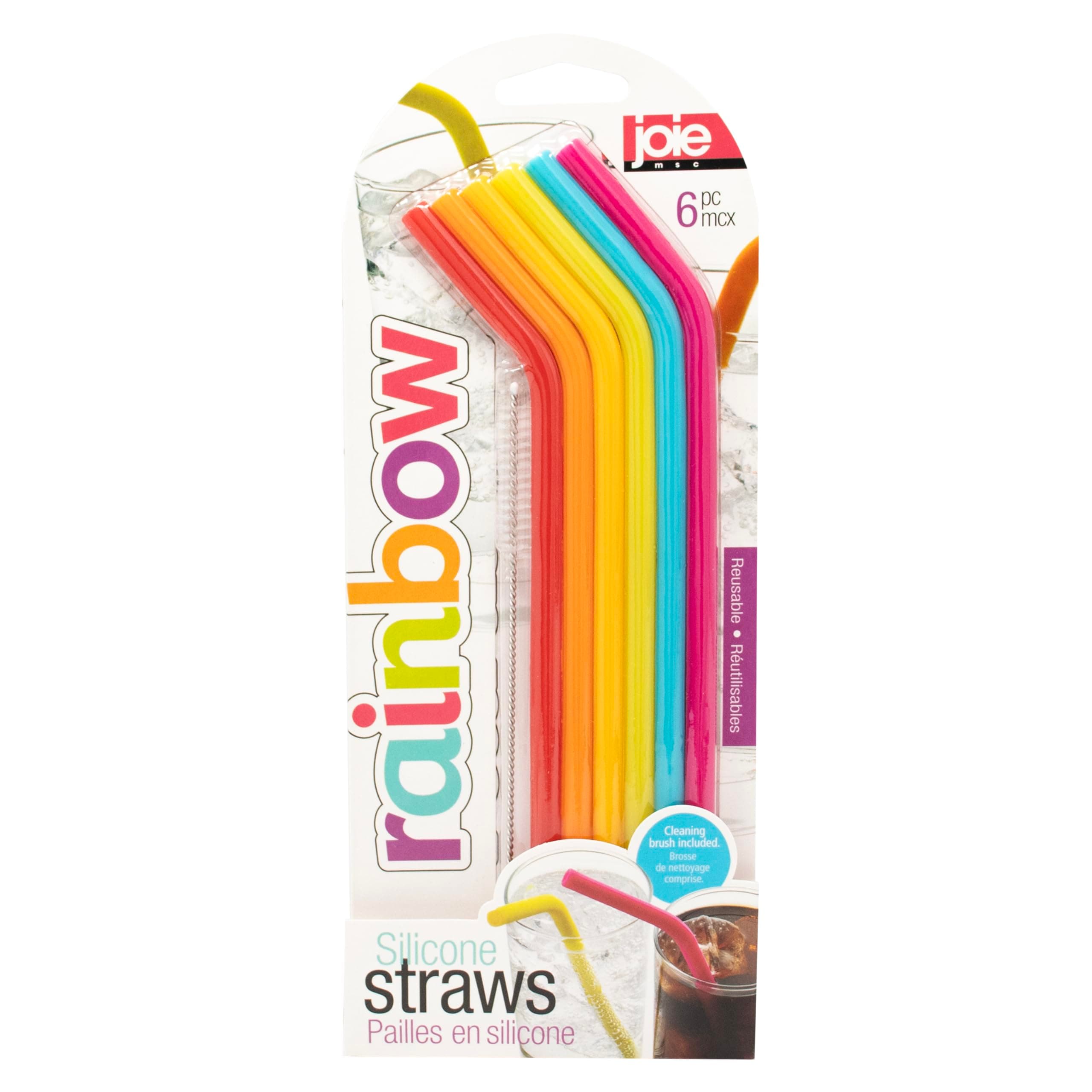 Joie Silicone Straws with Cleaning Brush, Set of 6, Rainbow Color Assortment