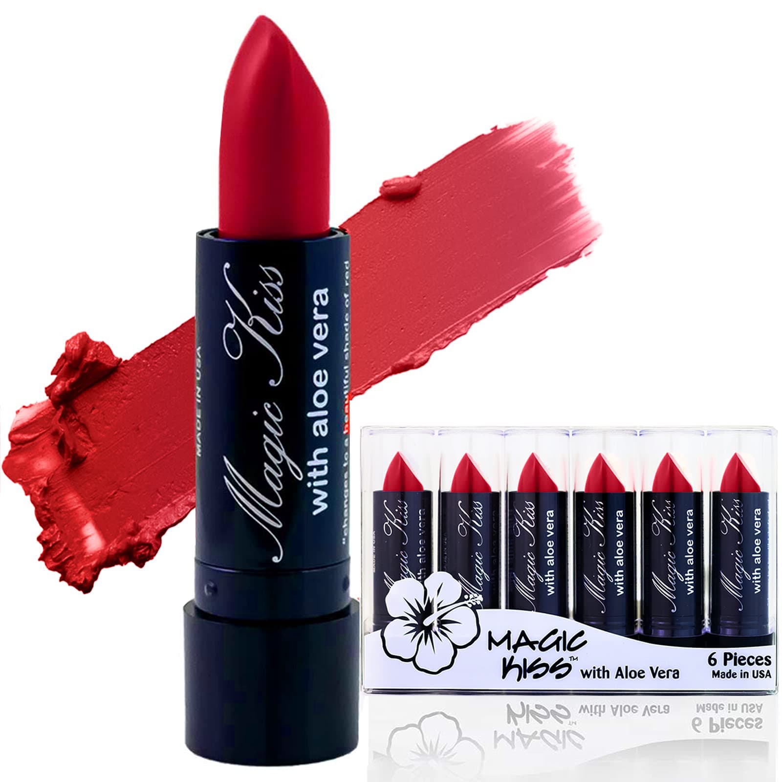 Magic Kiss Lipstick Set Aloe Vera Color Changing 6 Pack MADE IN USA (Red)