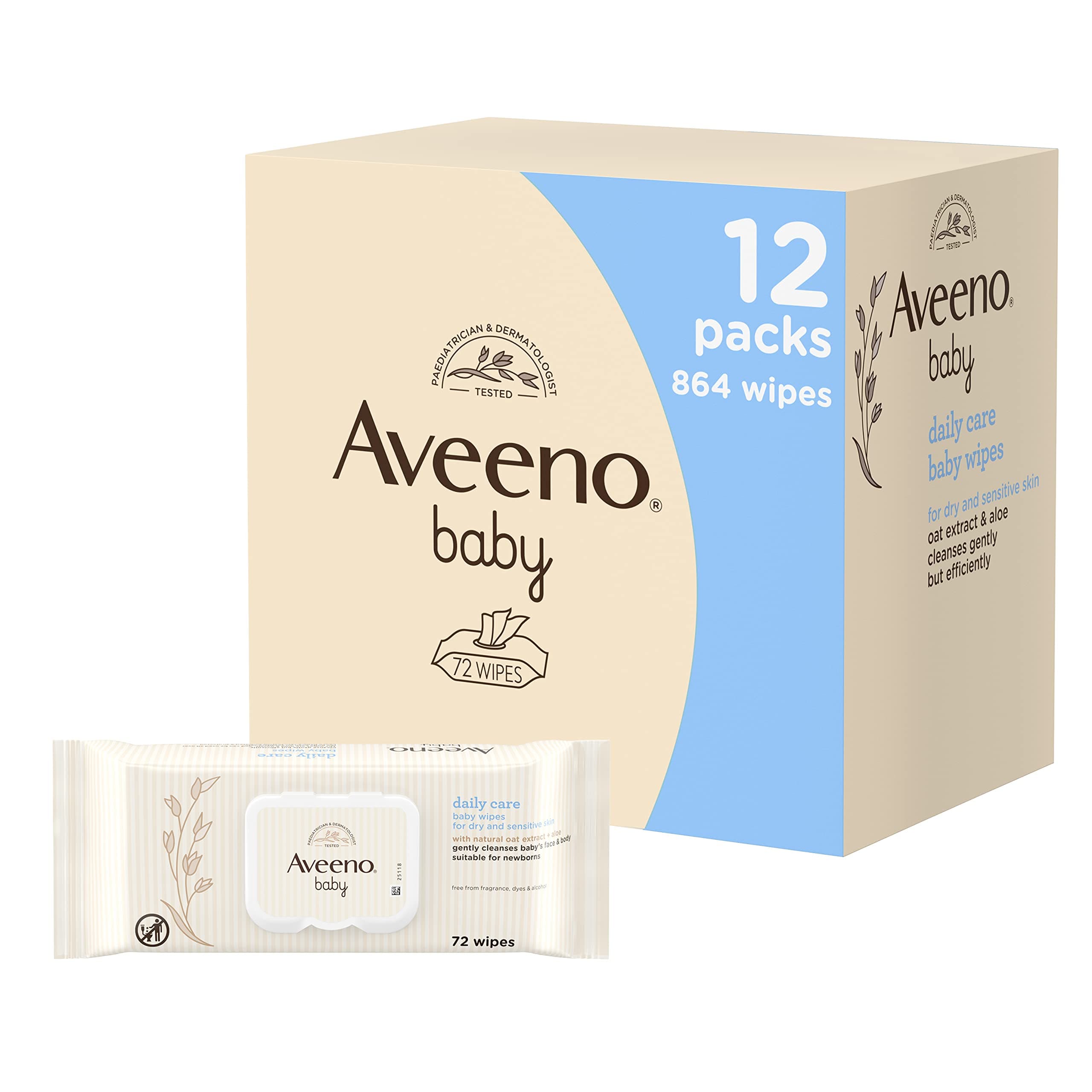 AVEENO Baby Daily Care Wipes - Cleanse Gently and Efficiently - Baby Wipes - Baby Essentials - 72 Wipes, Lid On Each Pack, Pack of 12 (864 Wipes in Total)