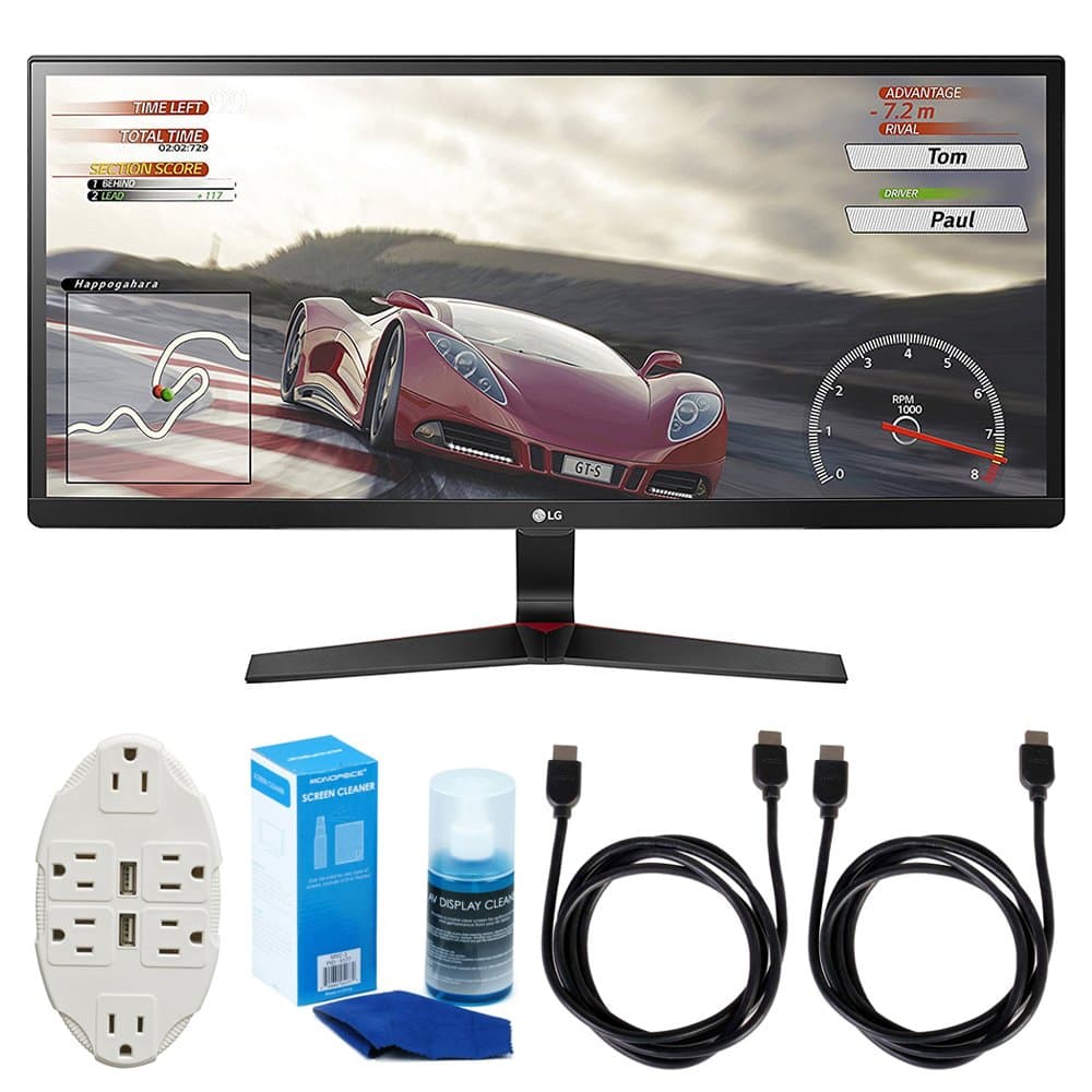 LG 34UM69GB 34-inch UltraWide IPS Gaming Monitor 2560 x 1080 21:9 Bundle with 6-Outlet Surge Adapter with Night Light, 2X 6ft HDMI Cable and Screen Cleaner for LED TVs