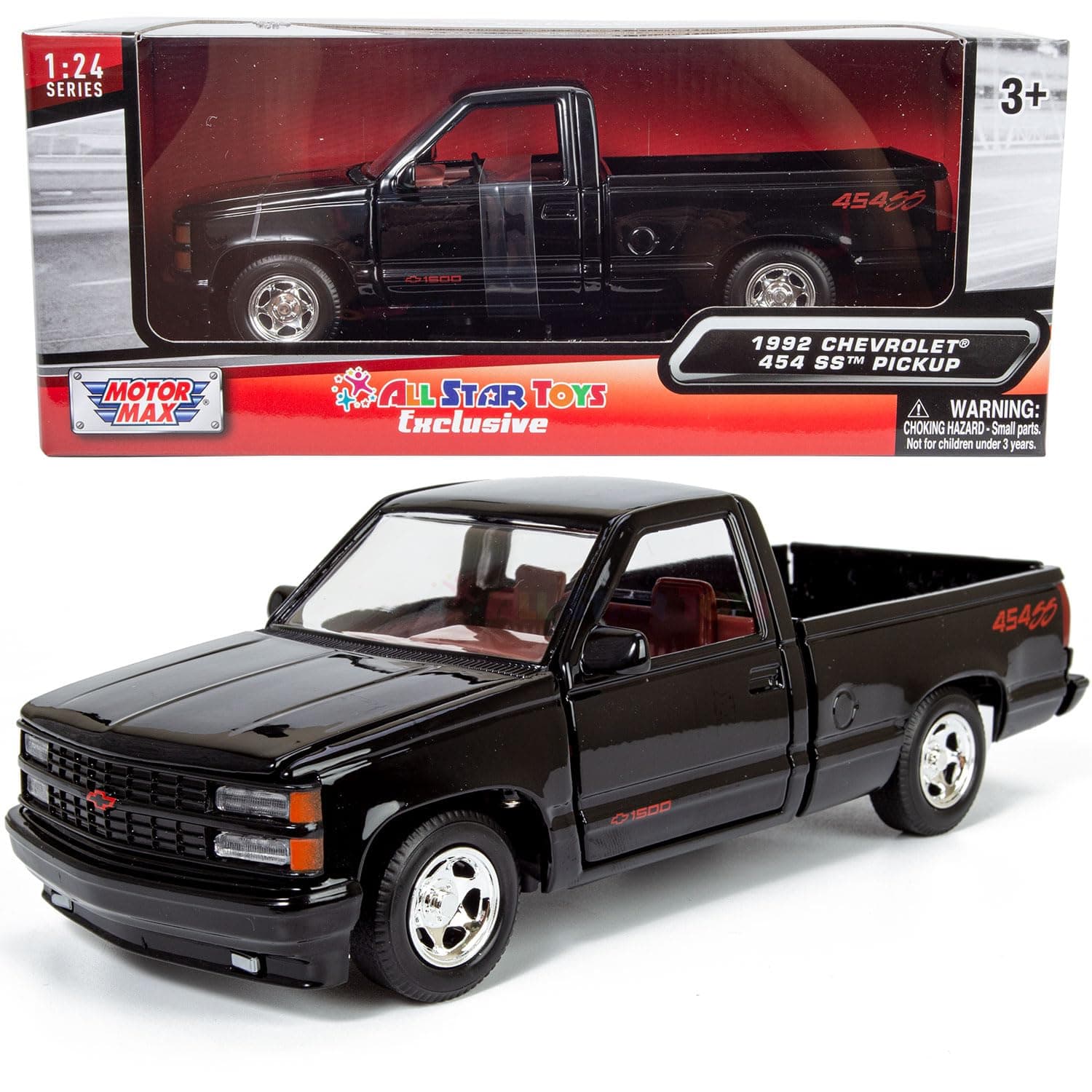 All Star Toys 1992 Chevy C1500 454SS Pickup Truck 1/24 Scale Diecast Model Car Black with Red Interior Silverado 454 SS Motormax 73203 Exclusive Edition