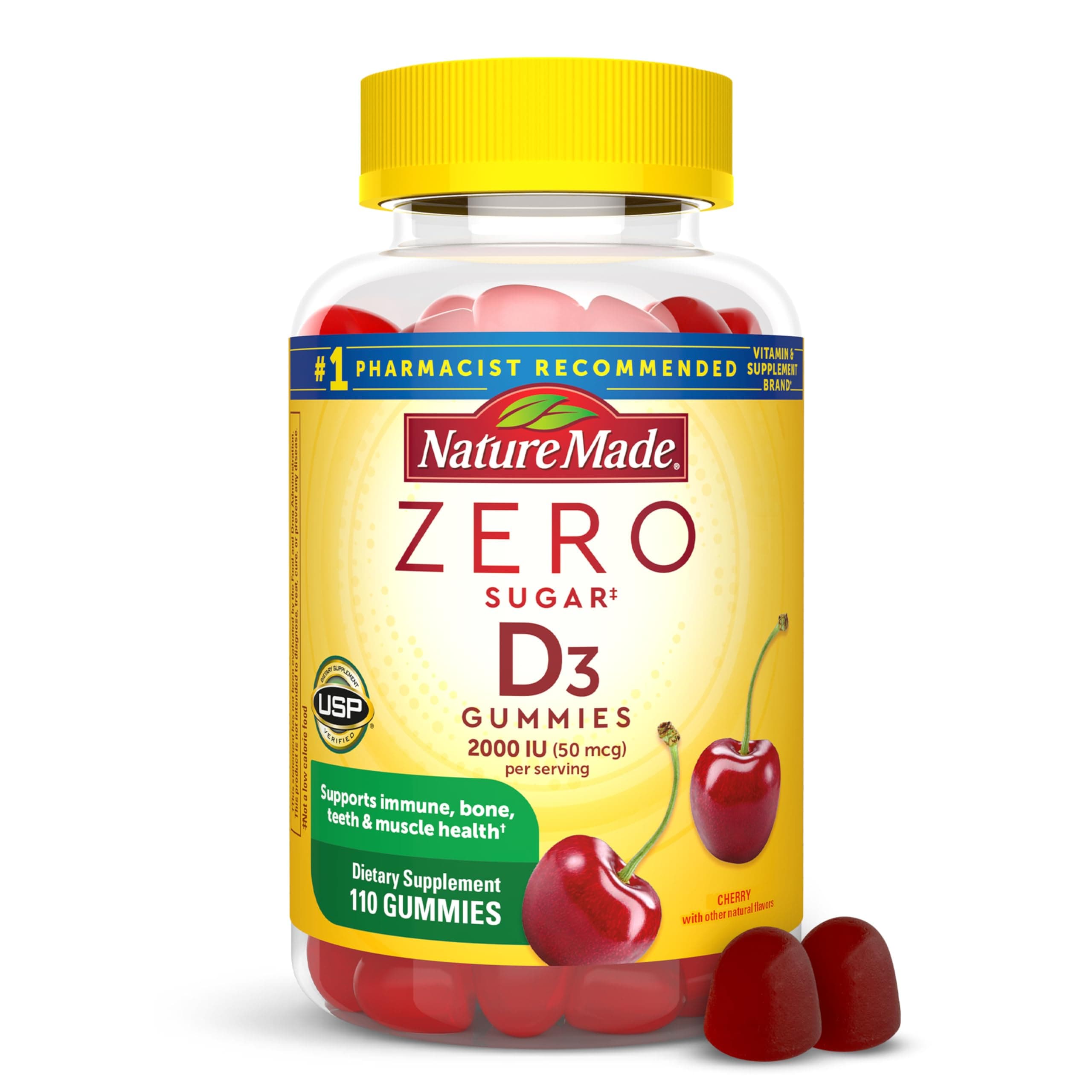 Zero Sugar Vitamin D3 Gummies 2000 IU (50 mcg) Per Serving, Bone & Immune Support, Aspartame Free, 110 Vitamin D Gummies, 55 Day Supply
