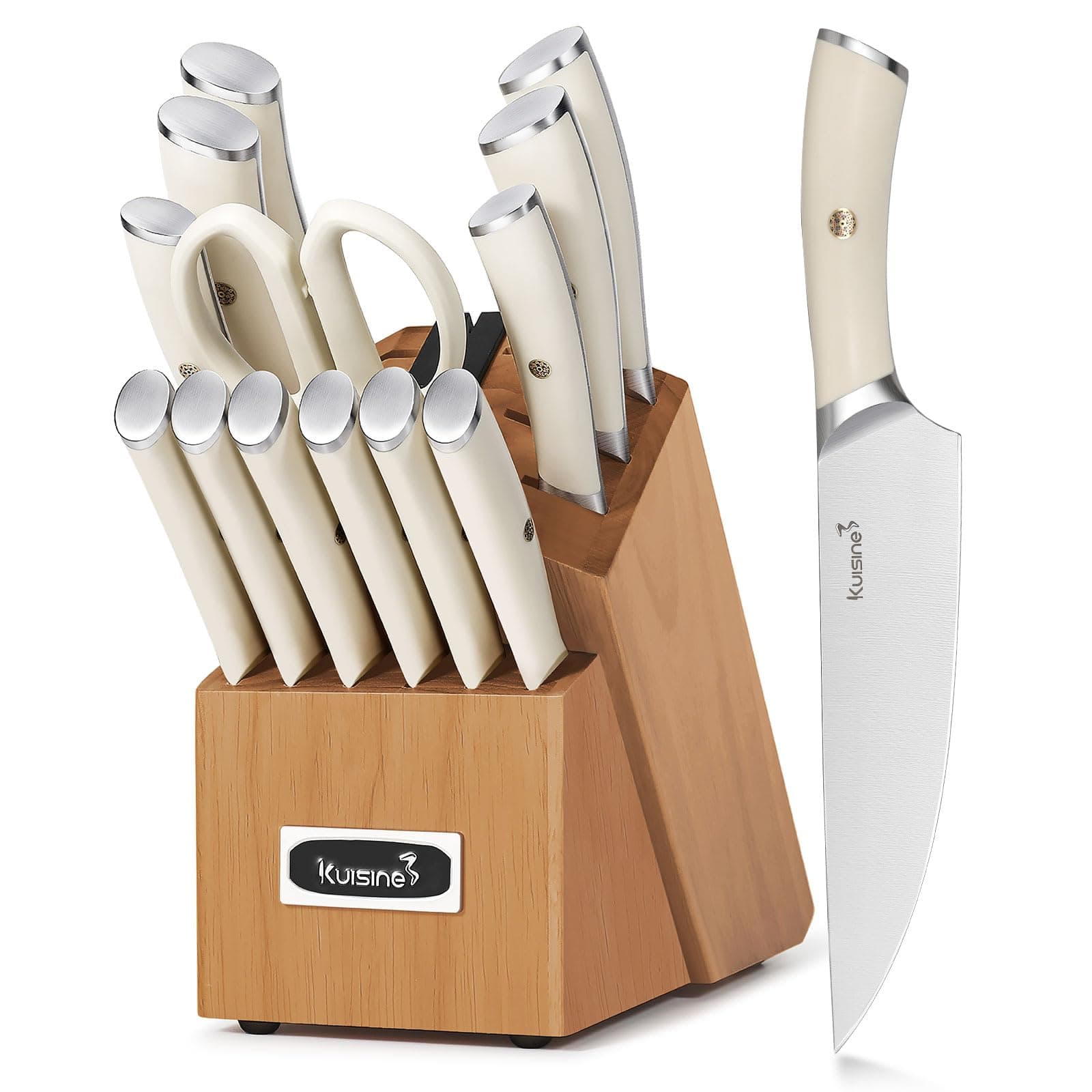 Kitchen Knife Set,High Carbon Stainless Steel Ultra Sharp Blade Ergonomic Handle,Knife Block Set with Built-in Sharpener,Elegant Gift for Holiday(Irovy-Acacia,15PCS)