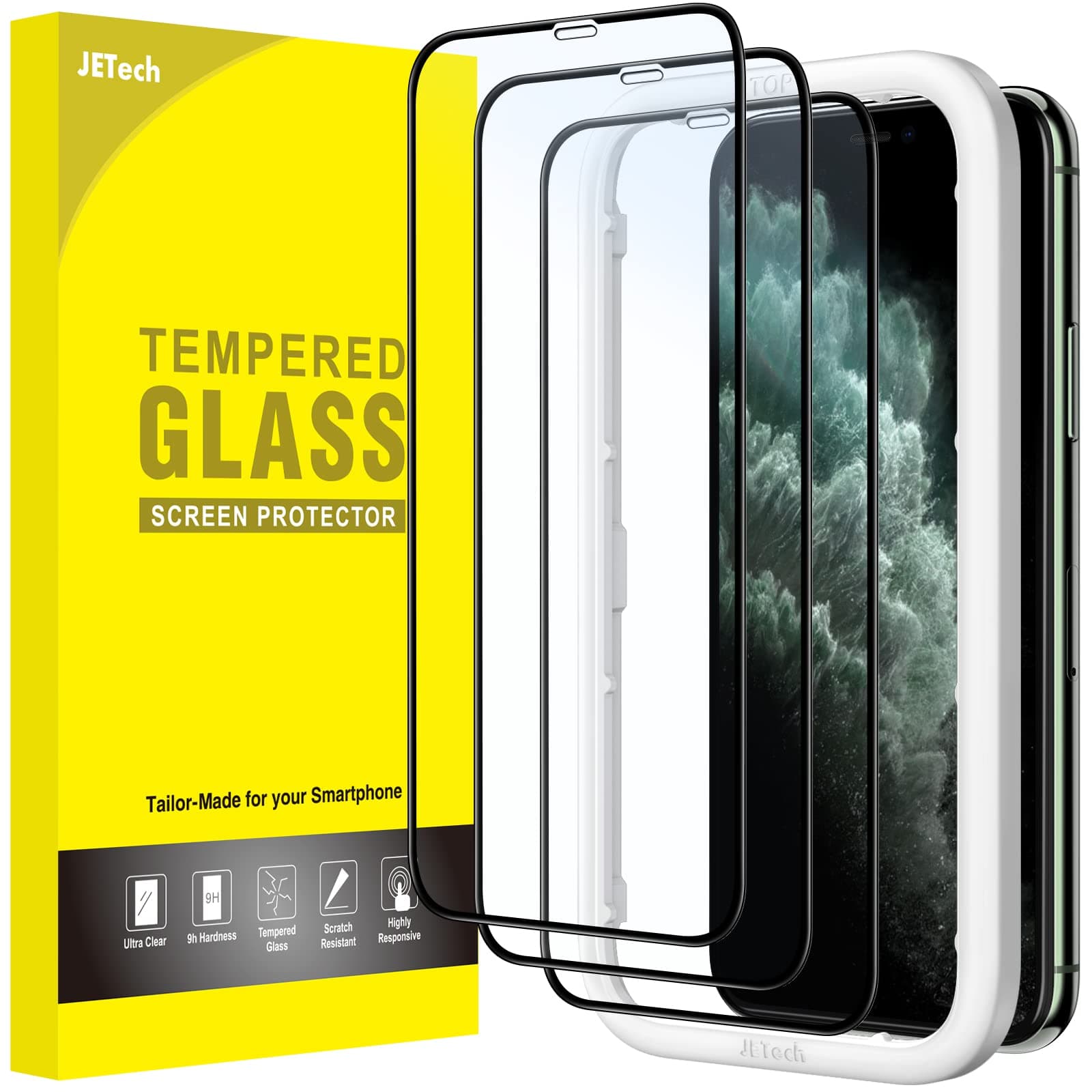 JETech Full Coverage Screen Protector for iPhone 11 Pro Max/iPhone XS Max 6.5-Inch, Black Edge Tempered Glass Film with Easy Installation Tool, Case-Friendly, HD Clear, 3-Pack