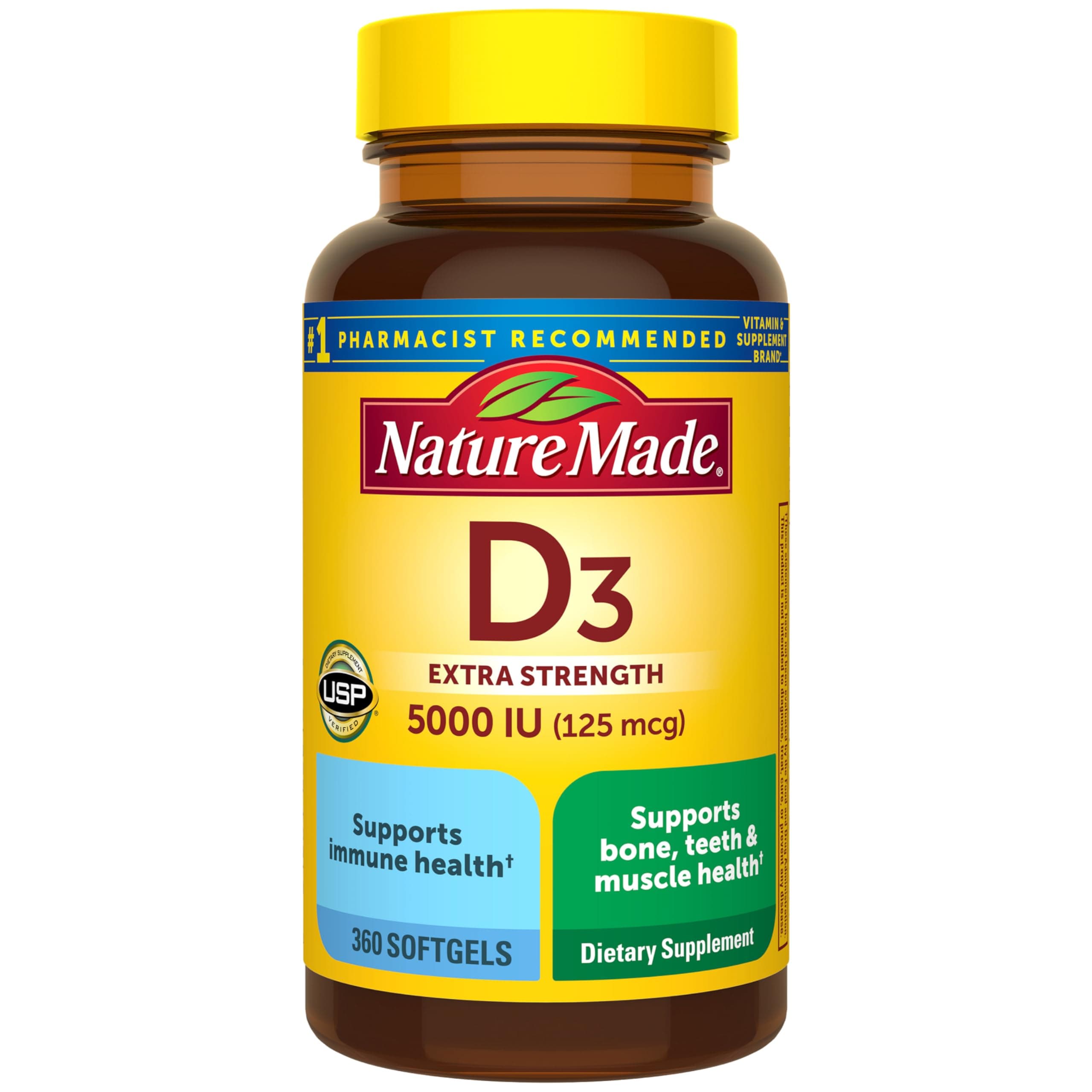 Nature Made Extra Strength Vitamin D3 5000 IU (125 mcg), Dietary Supplement for Bone, Teeth, Muscle and Immune Health Support, 360 Softgels, 360 Day Supply