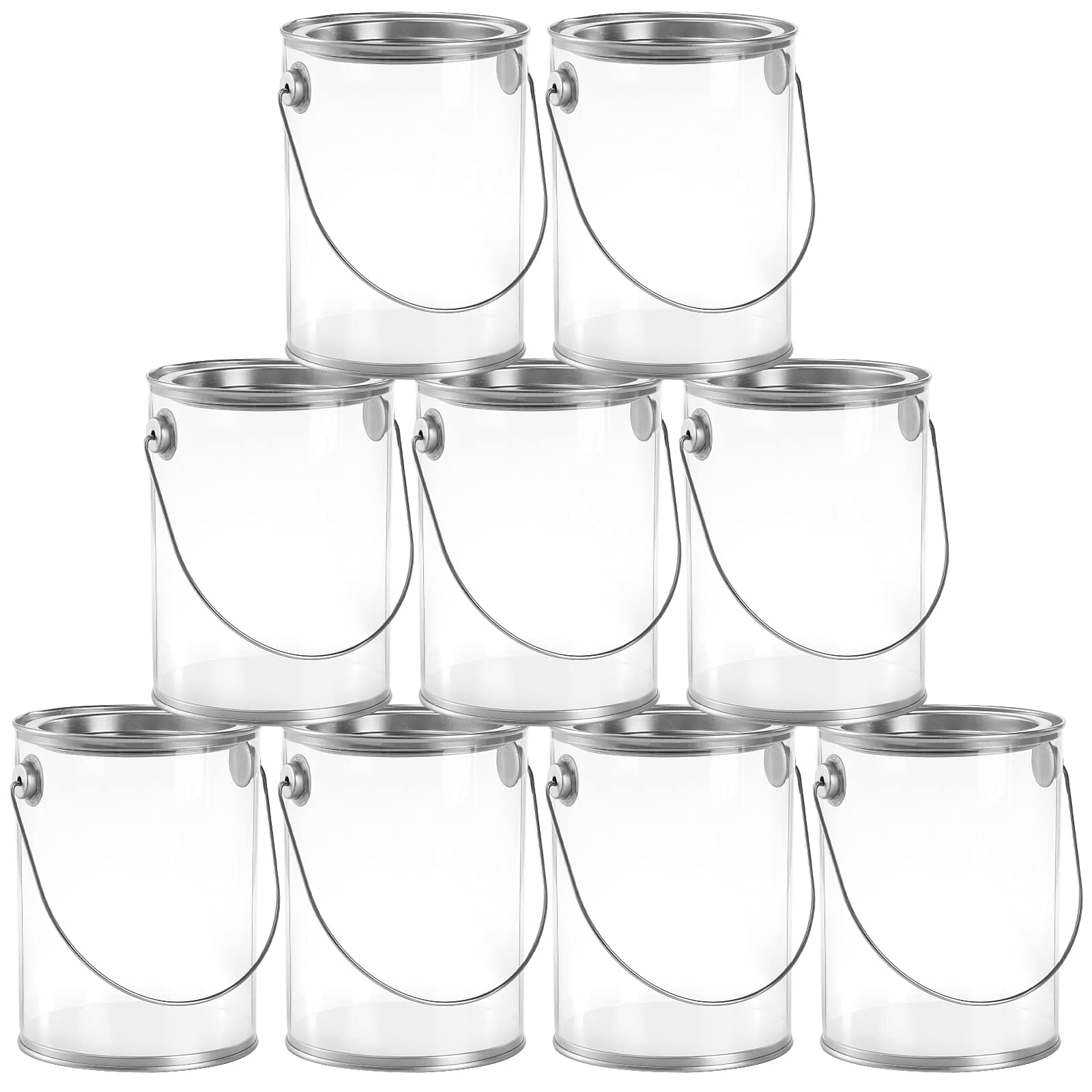 9 Pack Clear Paint Can Containers with Metal Lids, 5 Inches Tall Empty Paint Storage Cans, Quart Size Decorative Faux Paint Pails, Great for Party Favors, Decor and DIY