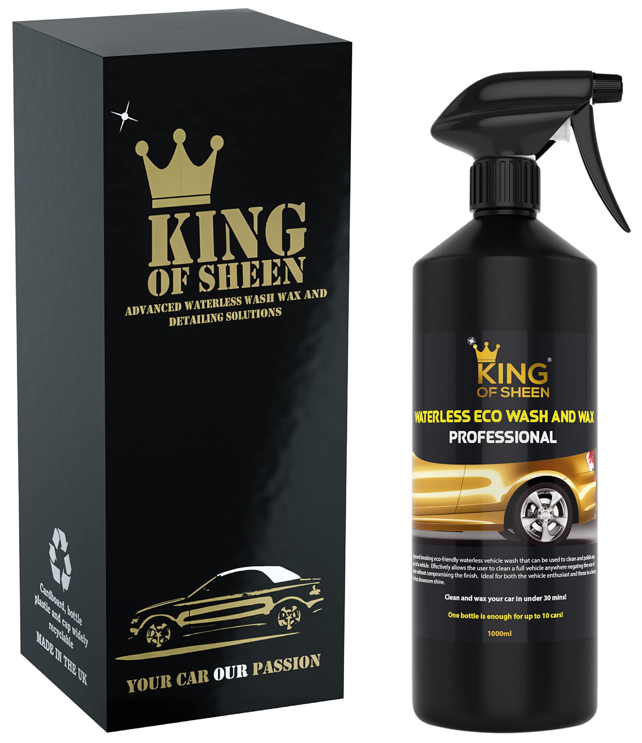 King of Sheen(キングオブシーン) プロフェッショナルウォーターレスウォッシュ&ワックスカークリーナー、水を使わず新品のようにきれいで輝きます。カークリーニング液体スプレー洗車。ショールームシャイン仕上げ。