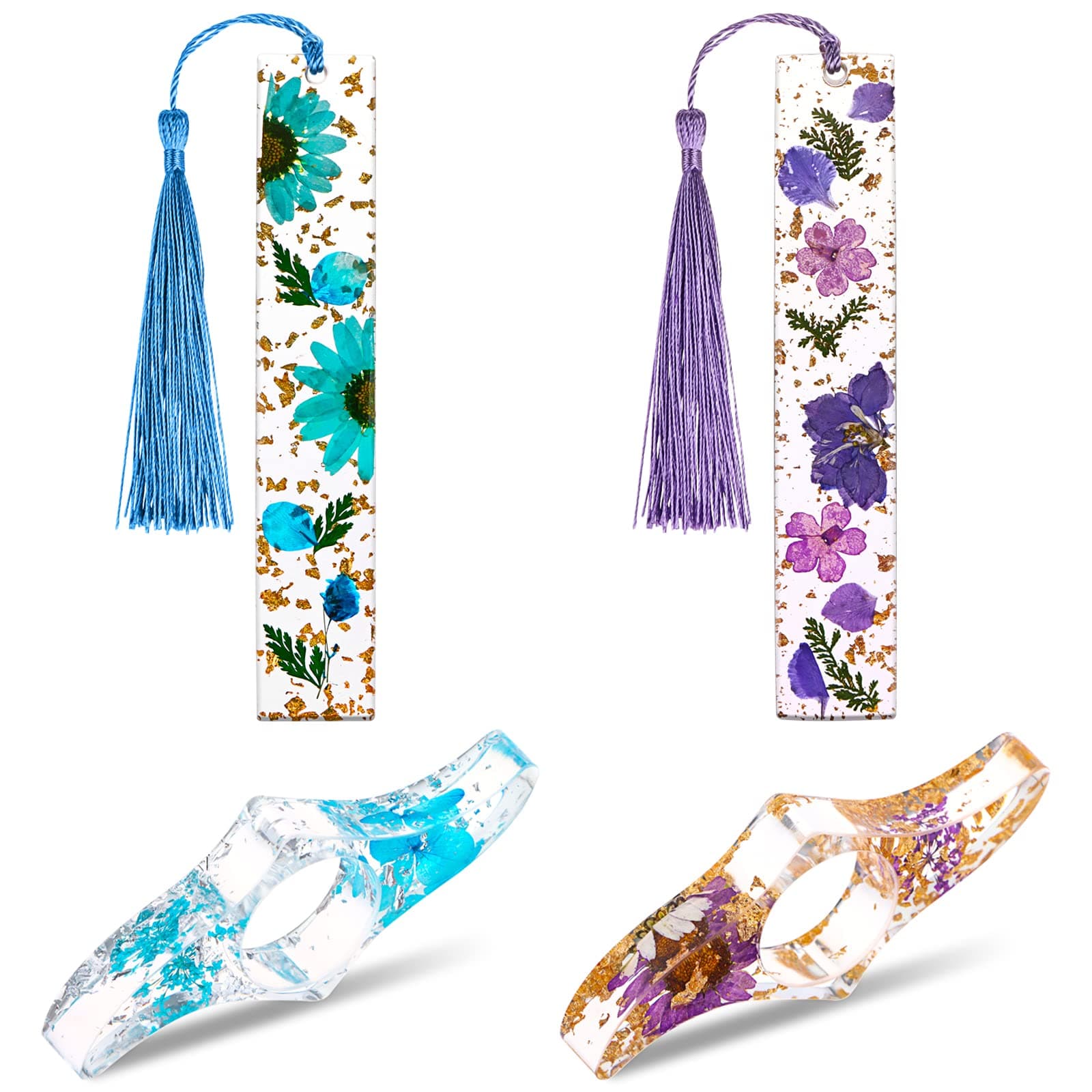Kavoc 4 Pieces Flower Acrylic Bookmarks Book Page Holder Floral Bookmarks with Colorful Tassels Transparent Page Holders Perfect Gift for Teacher‘s Day (Blue/Purple)