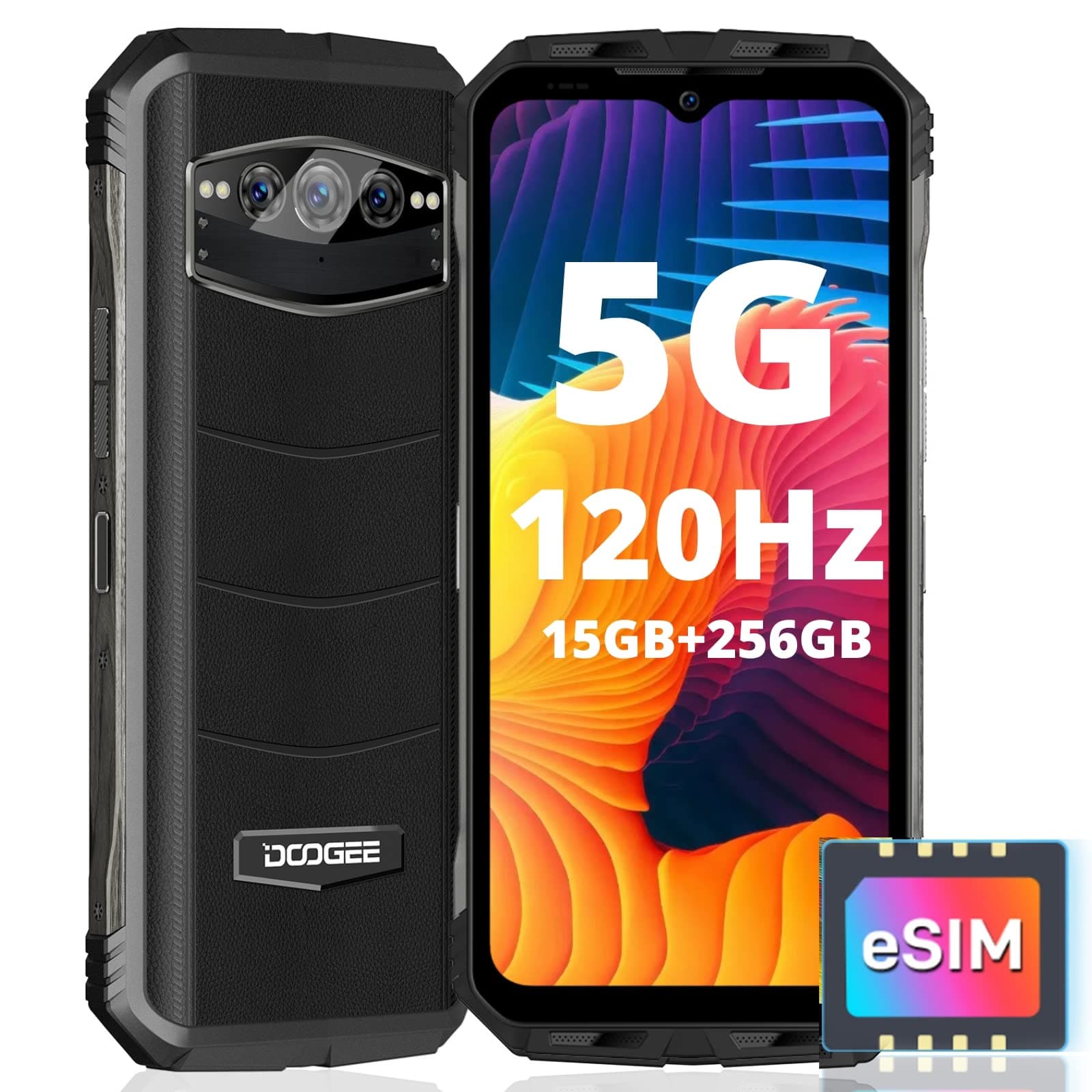 DOOGEEV30 Rugged Smartphone(2023), eSIM Dual 5G 15GB+256GB Rugged Phone Unlocked, 6.6" FHD+ /120Hz Rugged Cell Phone, Dual Hi-Res Speakers, Android 12, 108MP Triple Camera, Night Vision, NFC, OTG