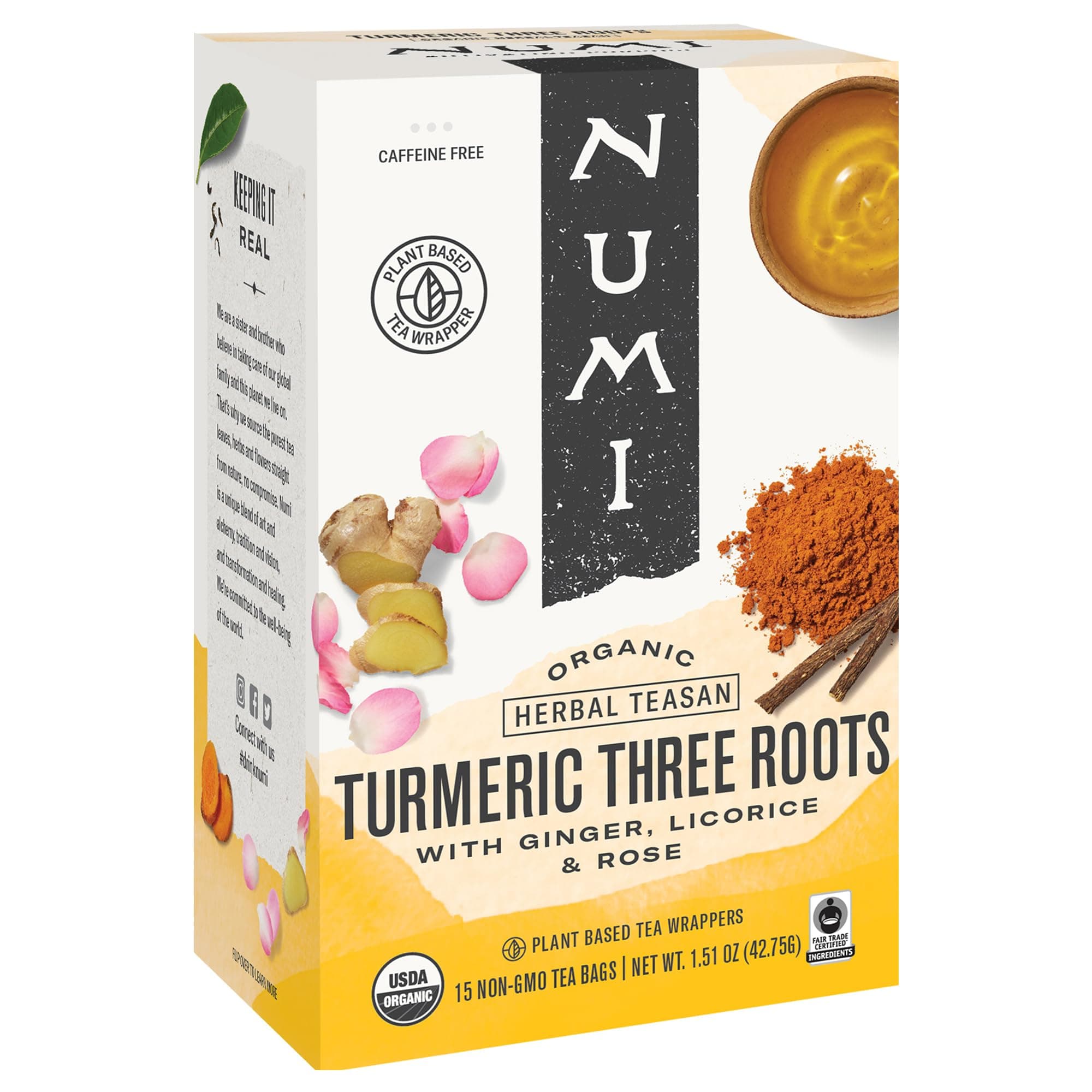 Tea Organic Three Roots Turmeric Tea, 15 Herbal Tea Bags, Caffeine Free