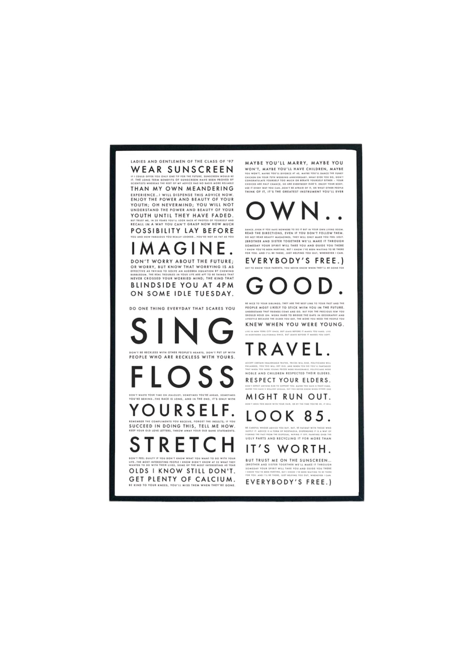 Baz Luhrmann Everybody's free to wear sunscreen. The sunscreen song print A4