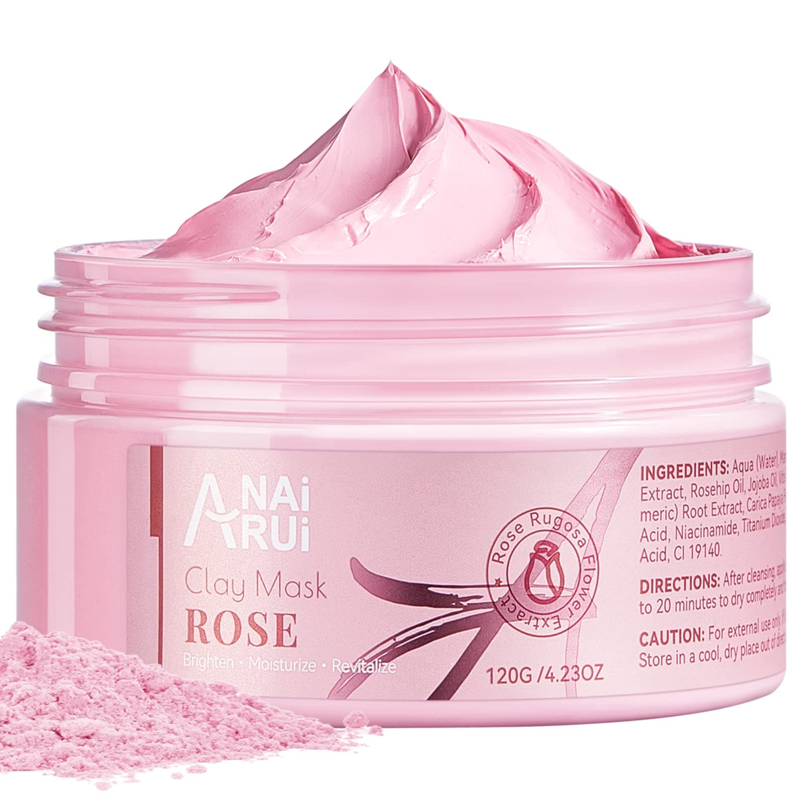 Rose Facial Mask, Clay Mask with Kaolin Pink Clay, Niacinamide, Collagen, Hyaluronic Acid for Moisturizing & Smooth Skin, Pores Minimizers, Blackhead Remover, 4.23 Oz