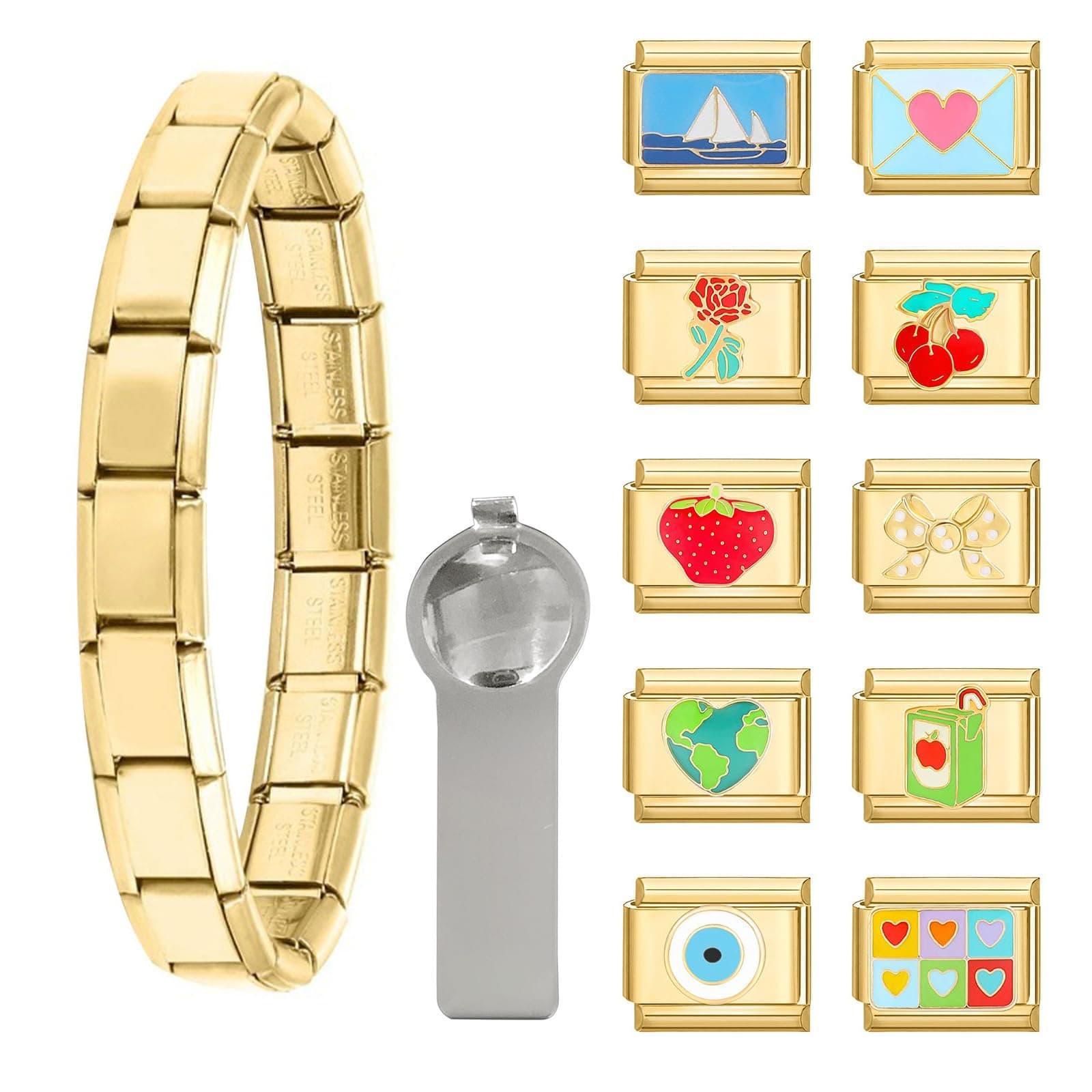 papasgixpapasgix Italian Charm Bracelet Gold Silver Set with Starter Brascelet, Various Charms and Opening Tools, 9mm Modular Italian Charm Bracelet Links Handmade DIY Jewelry Gifts, 9mm, Titanium, No