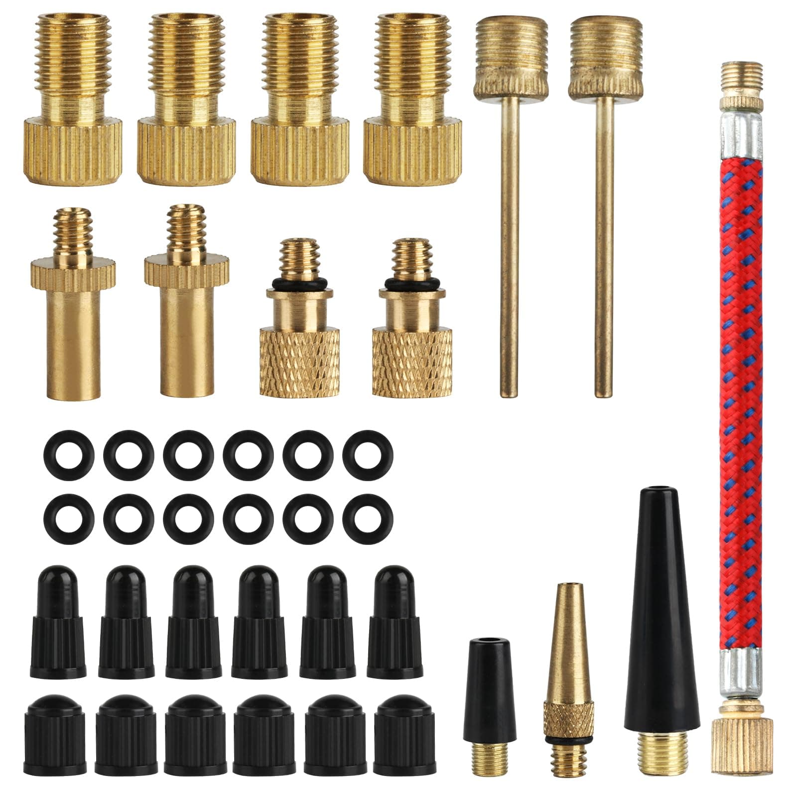 38 Pcs Bike Valve Adapter DV/AV/SV Set, Bike Pump Adaptor Set, Bicycle Valve Adapter Bike Pump Valve Adapter Set, Bicycle Pump Adapter for Presta Schrader Valve, with Ball Pump Needle, Caps