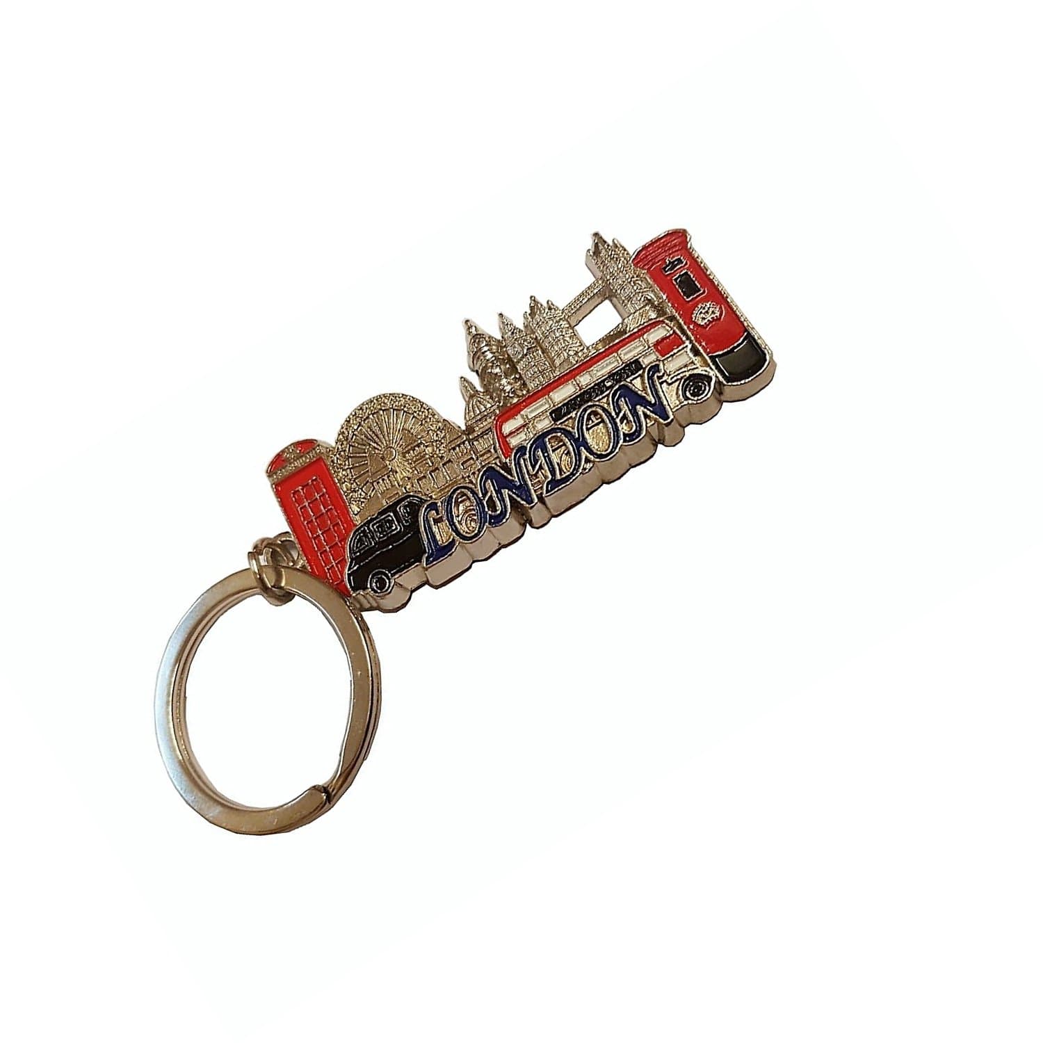 Candybay My London Souvenirs Silver Coloured Metal Key Chain/Ring/Word in Blue/Icons/Red Phone Box/Double Decker Bus/Post/Black Taxi/Tower Bridge/St. Paul's/Eye/UK Keychain Souvenir/British Keyring