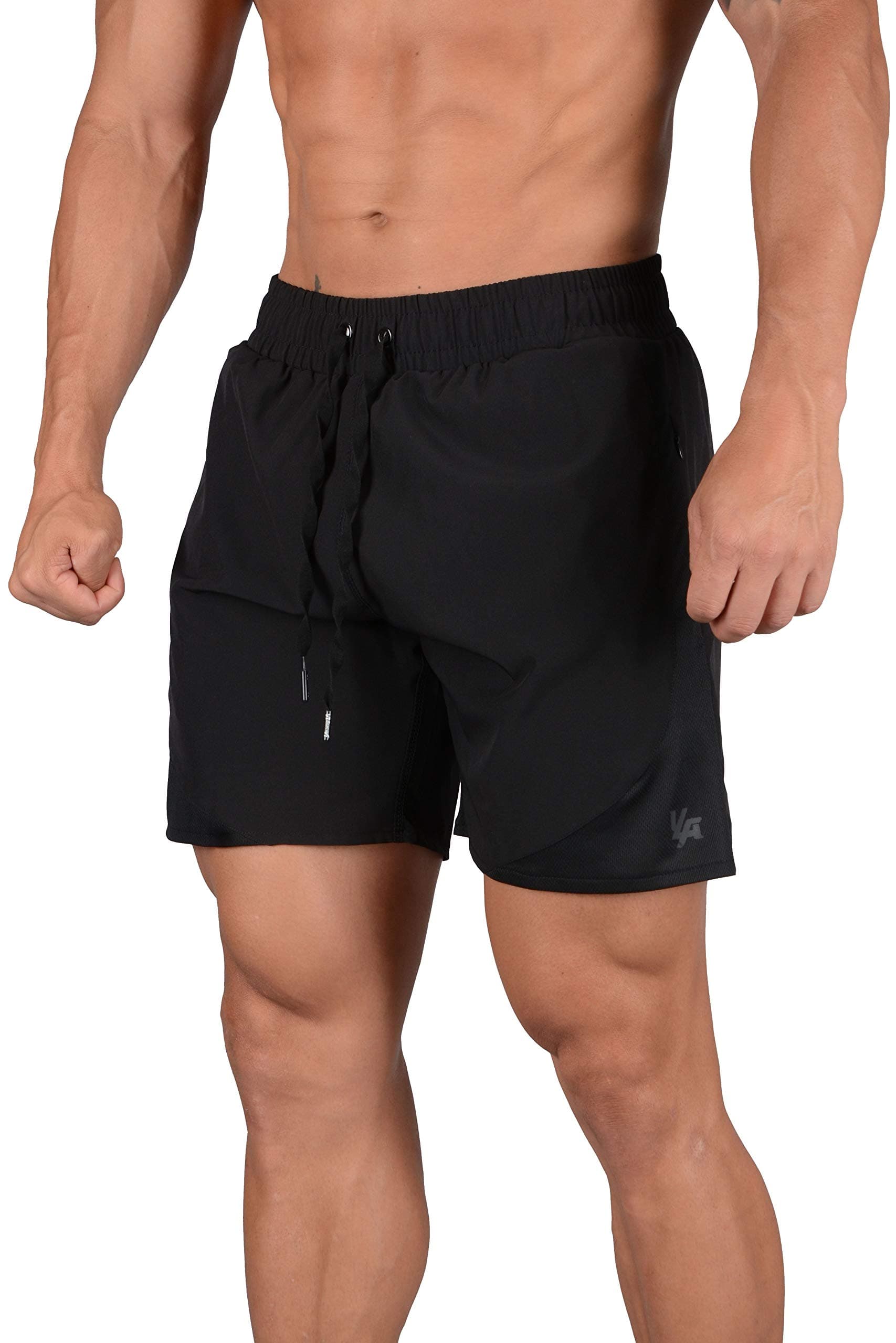 YoungLA Mens Active Running Shorts | Gym Workout Training Bodybuilding | with Zipper Pockets Drawstrings and Side Mesh | 125 All BK S