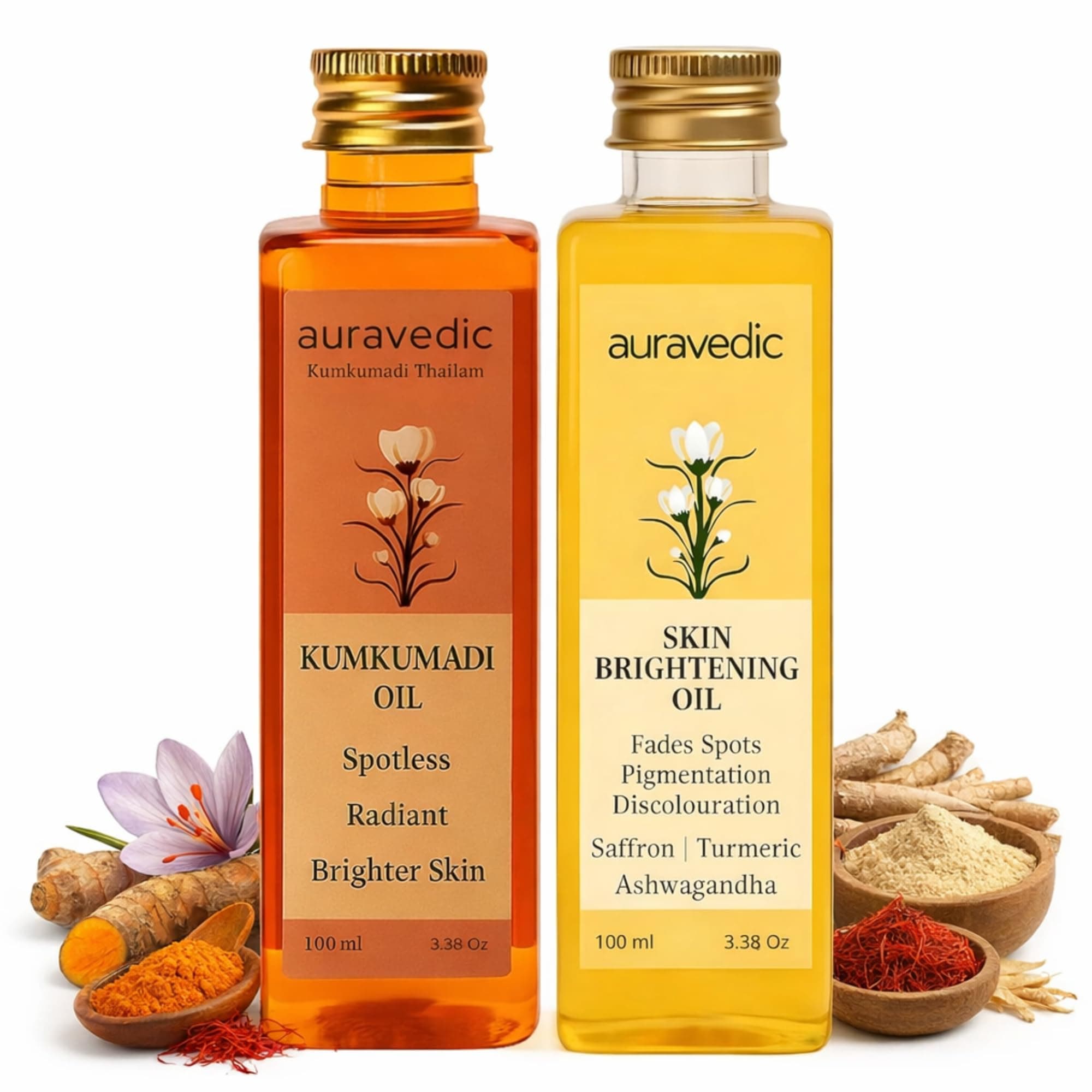 Auravedic Kumkumadi Oil & Skin Oil Combo | Saffron, Turmeric and Winter Cherry Infused Face Moisturizer | Hydrating & Moisturizing | for All Skin Types | 3.38Fl Oz (100ml)